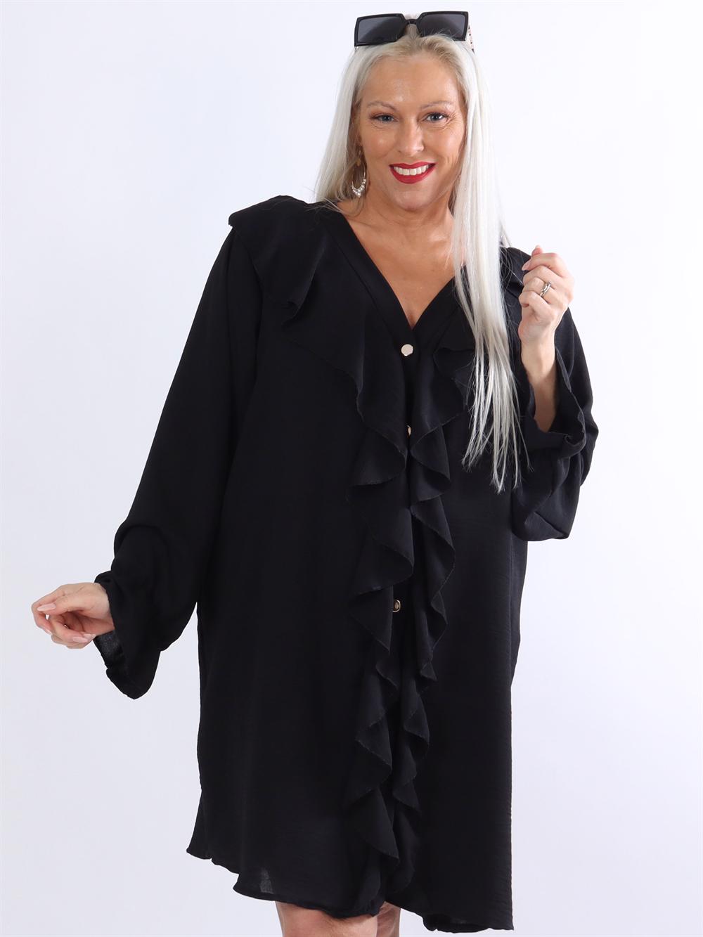 Alia - Svart tunika med volanger och guldknappar framtill