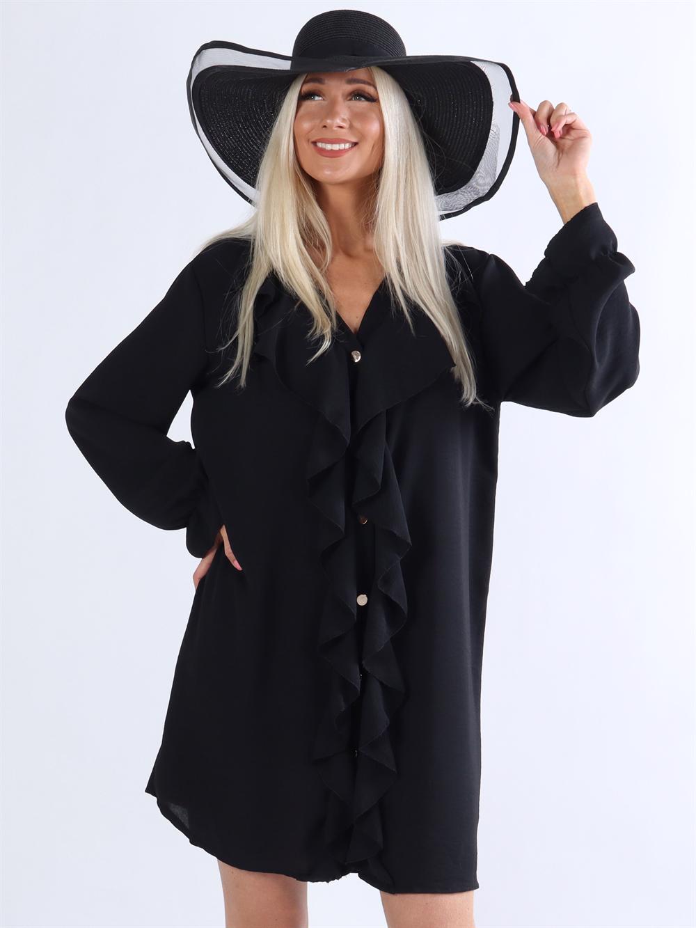Alia - Svart tunika med volanger och guldknappar framtill