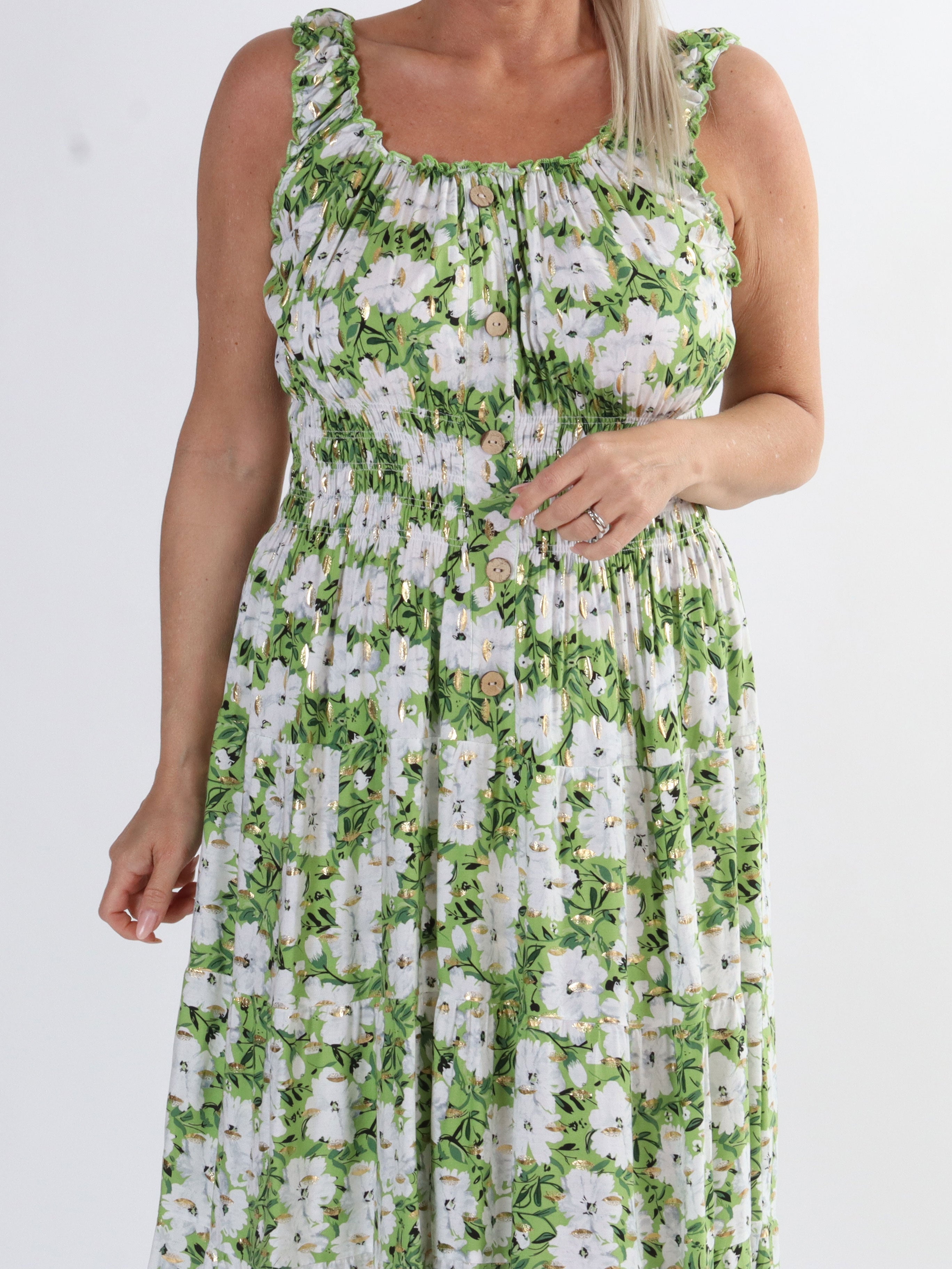Alicia Summer Short - Söt bandklänning med sommarblommor - Green