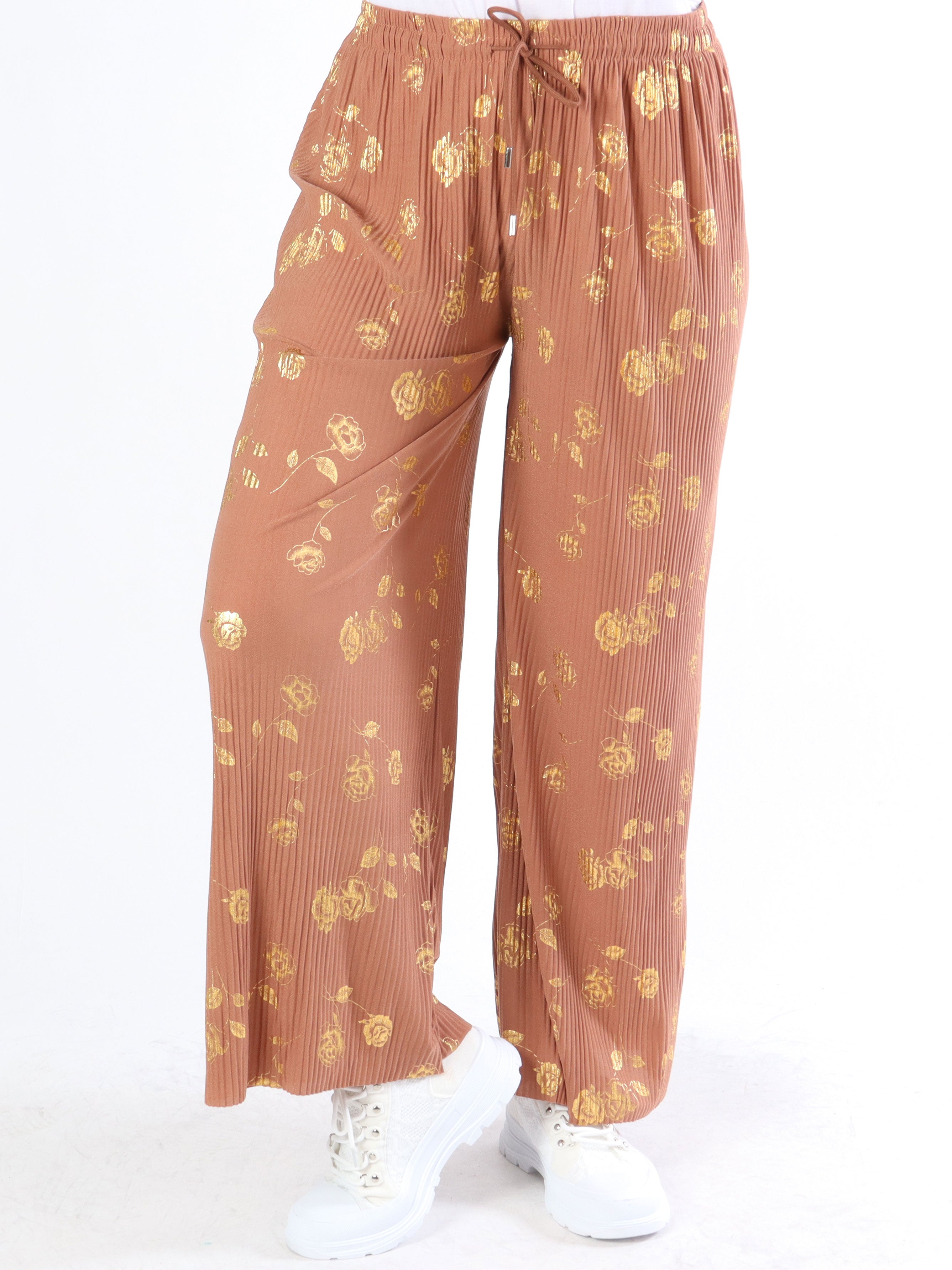 Alpha - Plisserade byxor med guldblommor