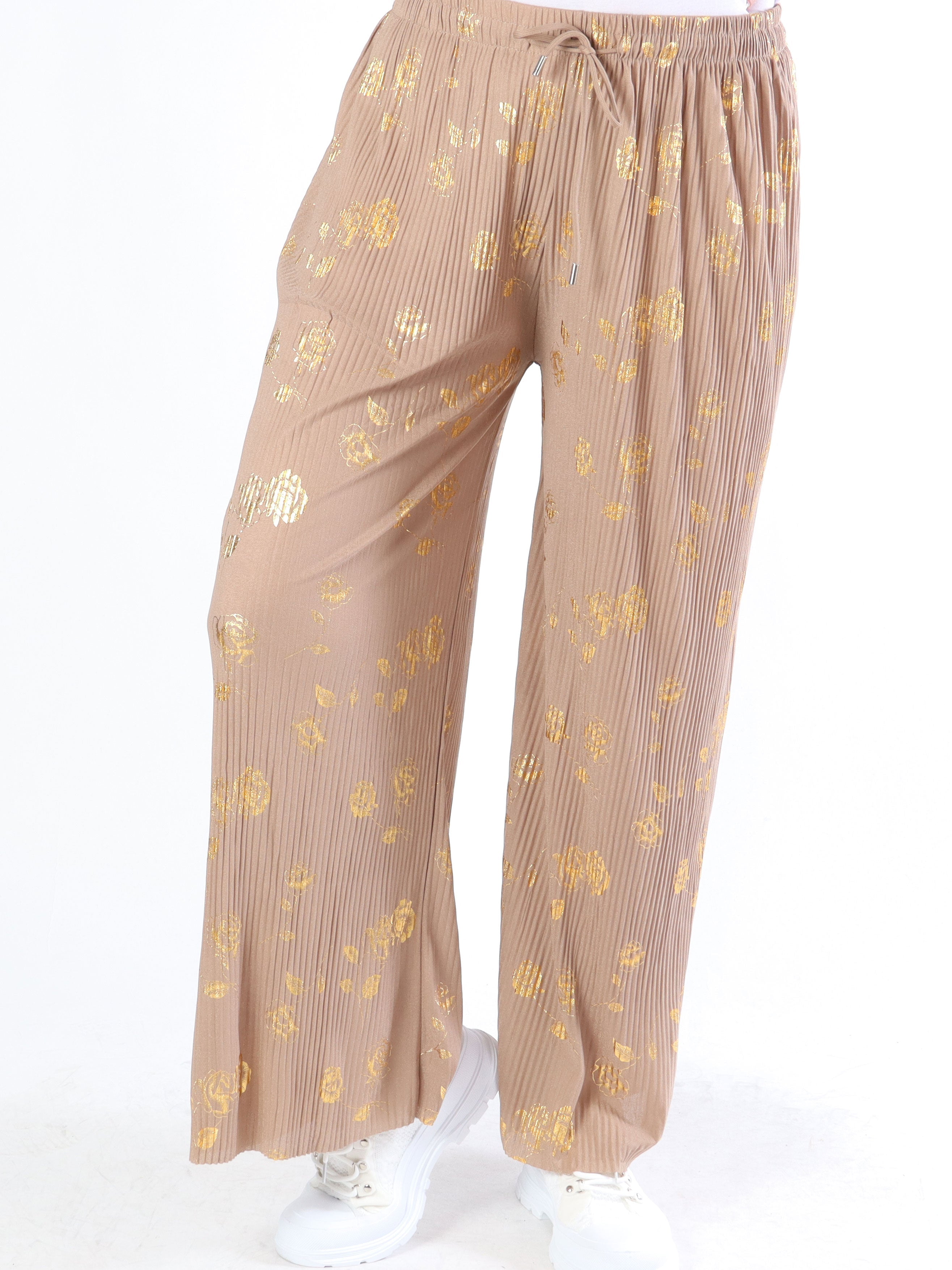 Alpha - Plisserade byxor med guldblommor