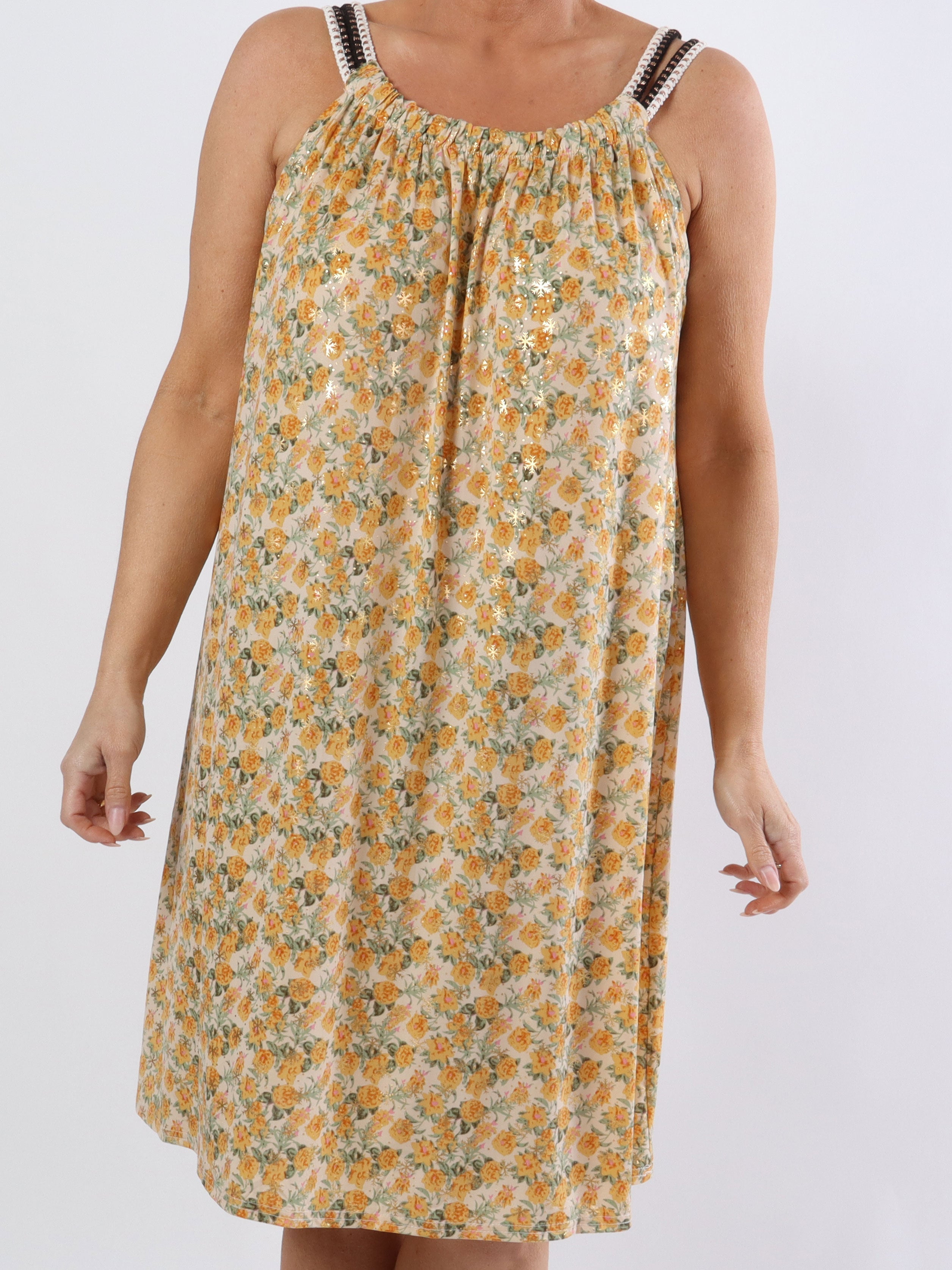 Asta Flower - Elastisk klänning i plus size med band och blommigt tryck - Turquoise