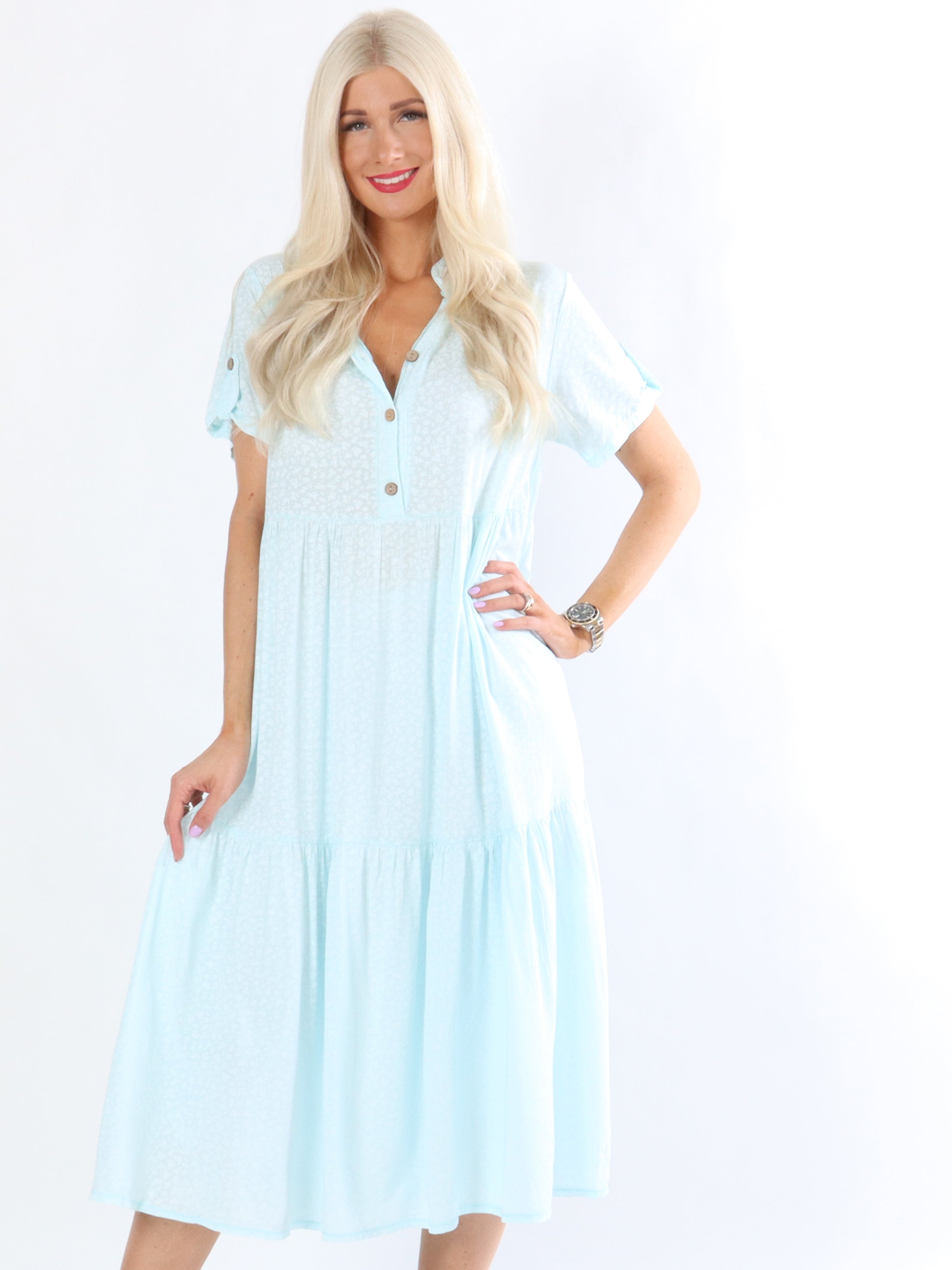 Barbara - Armégrön klänning med blommönster och knappar på bröstet