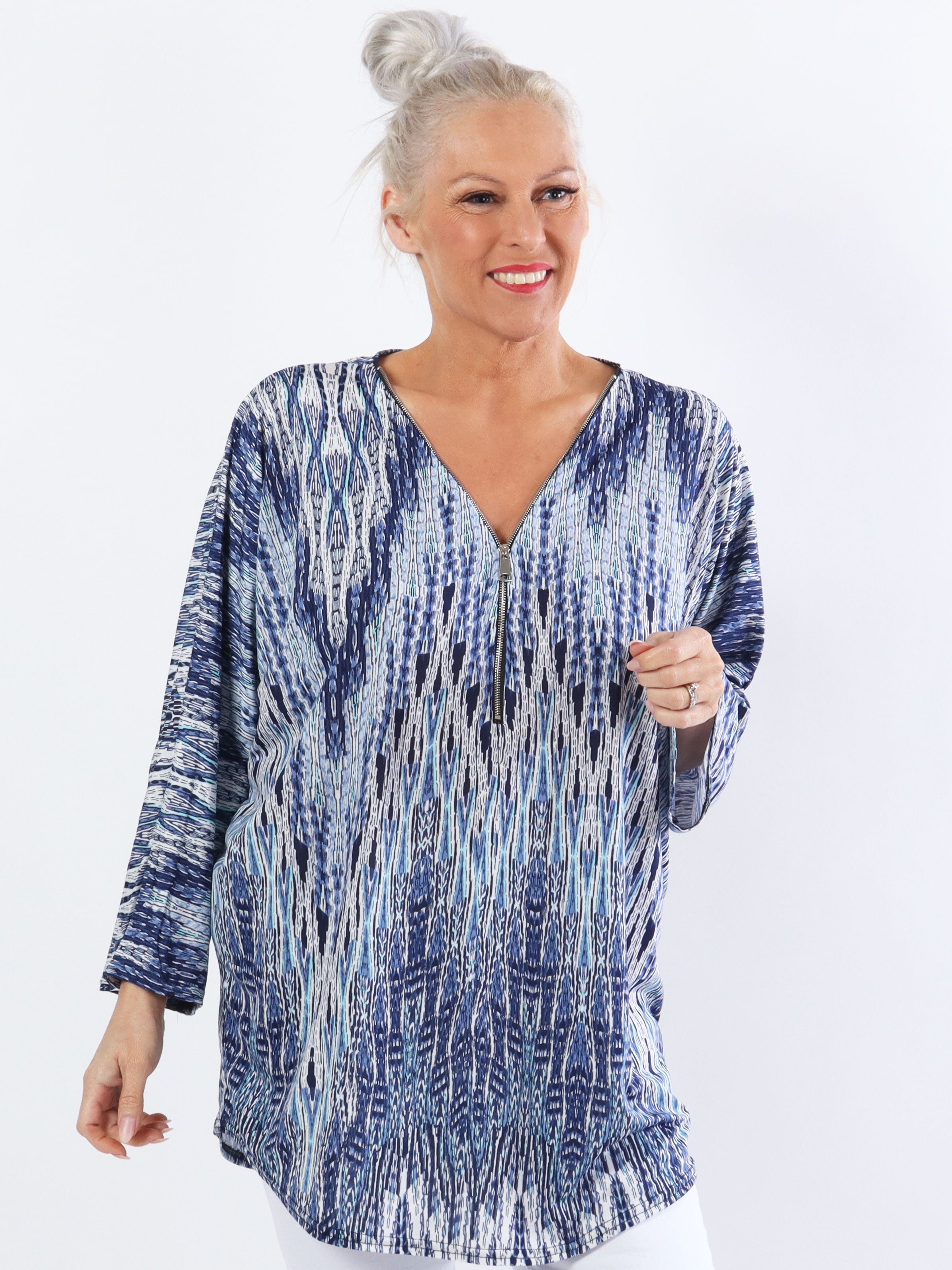 Celia Stripe - Söt plus size tunika i elastiskt tyg med dragkedja - Orange