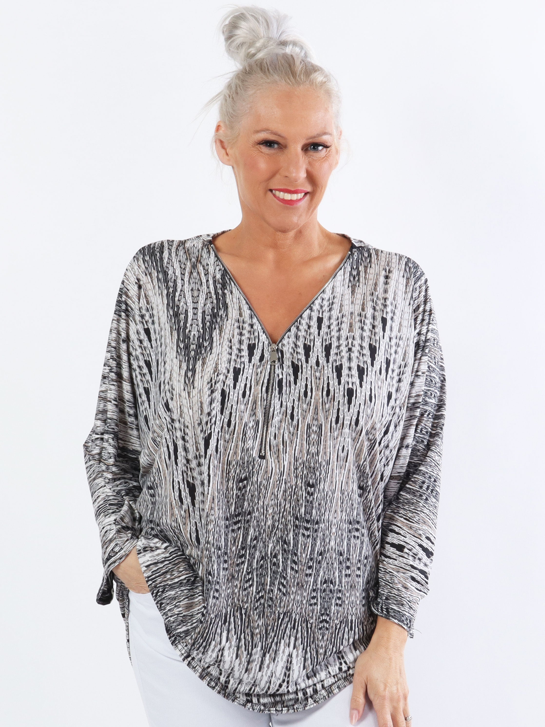 Celia Stripe - Söt plus size tunika i elastiskt tyg med dragkedja - Turquoise