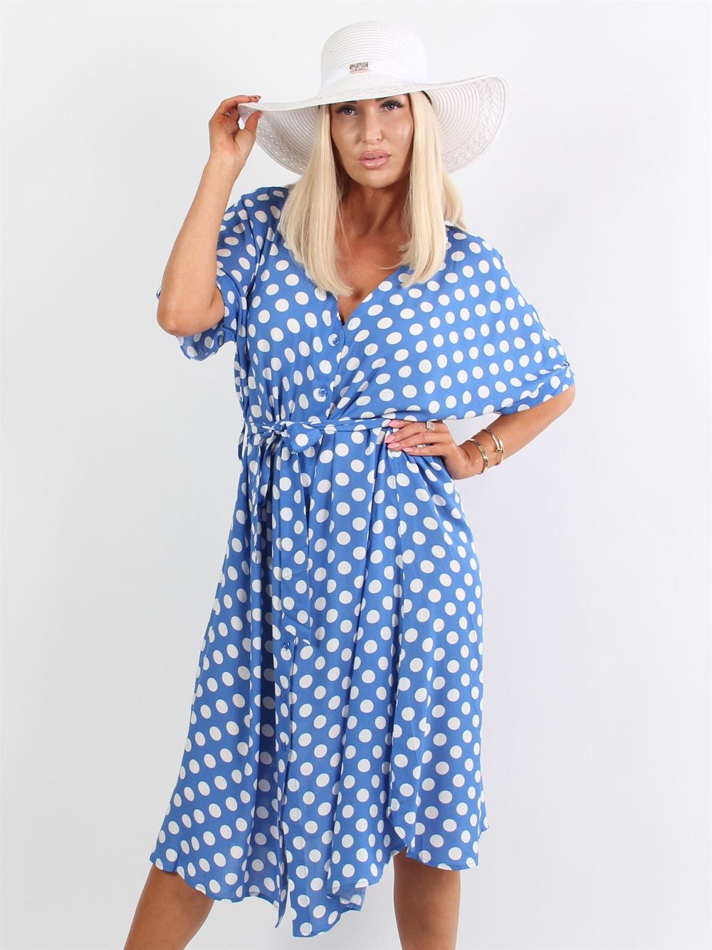 Dallas - Blå skjortklänning med vita prickar och liten slips