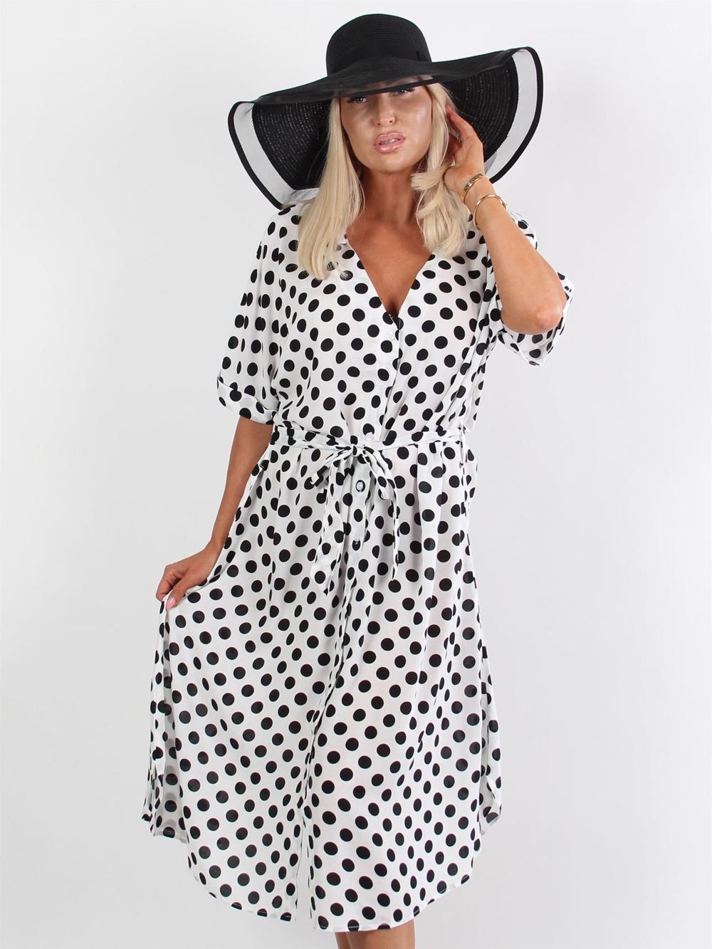 Dallas - Blå skjortklänning med vita prickar och liten slips