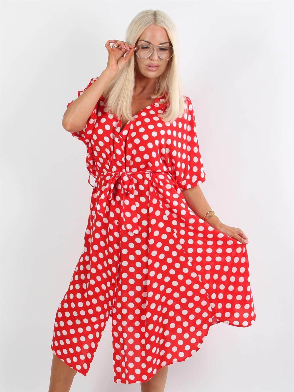 Dallas - Blå skjortklänning med vita prickar och liten slips