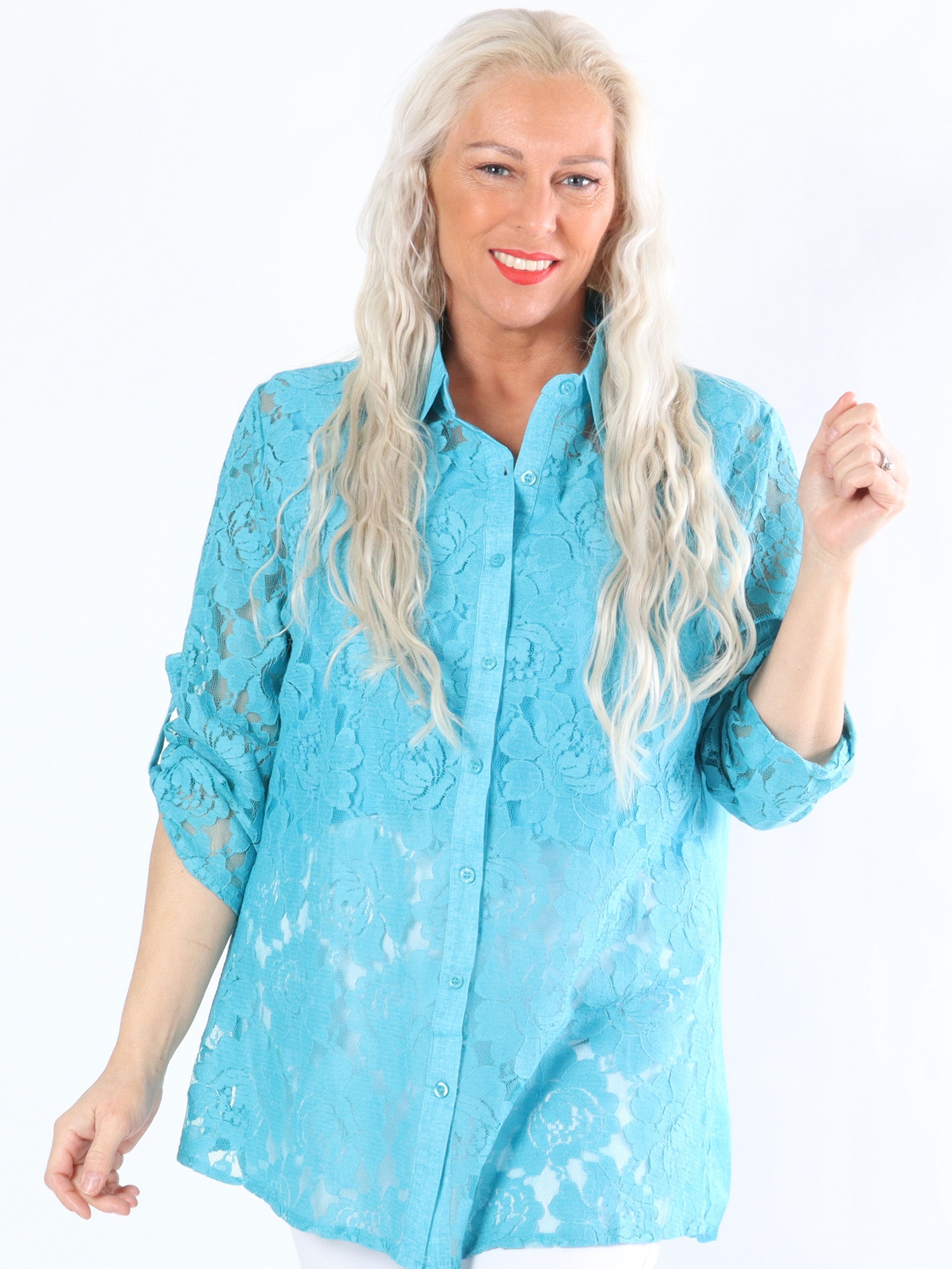 Diamond - Korallfärgad spetsskjorta med trekvartsärmar