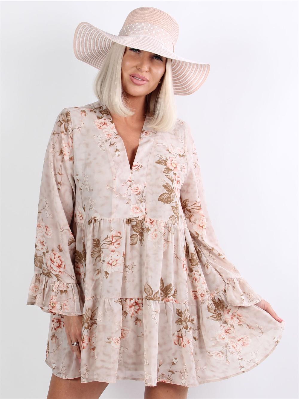 Digna - Beige tunika i chiffong med fint blommönster