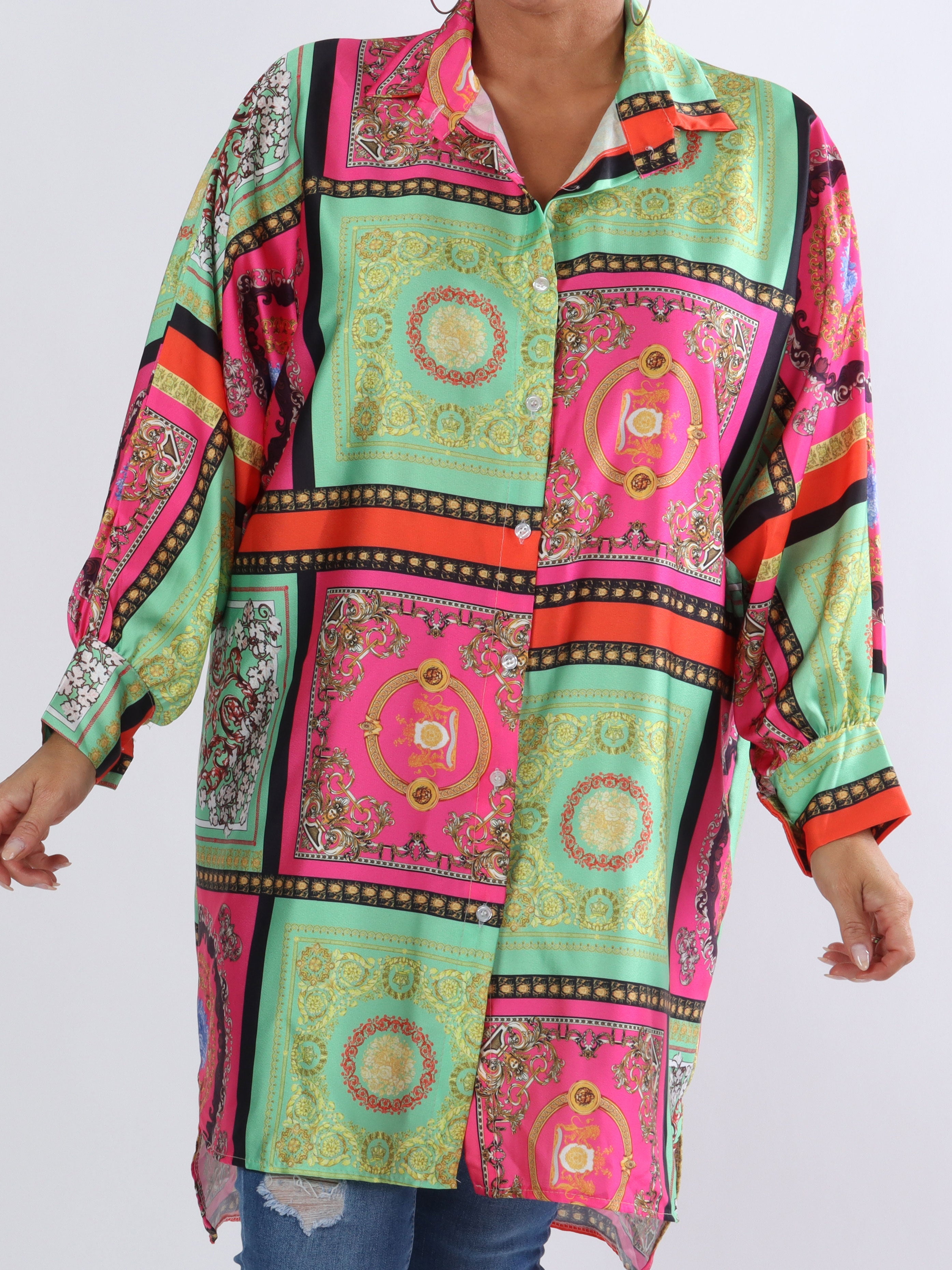 Donna - Färgglatt mönstrad plus size skjorta i silkeslook - Rose