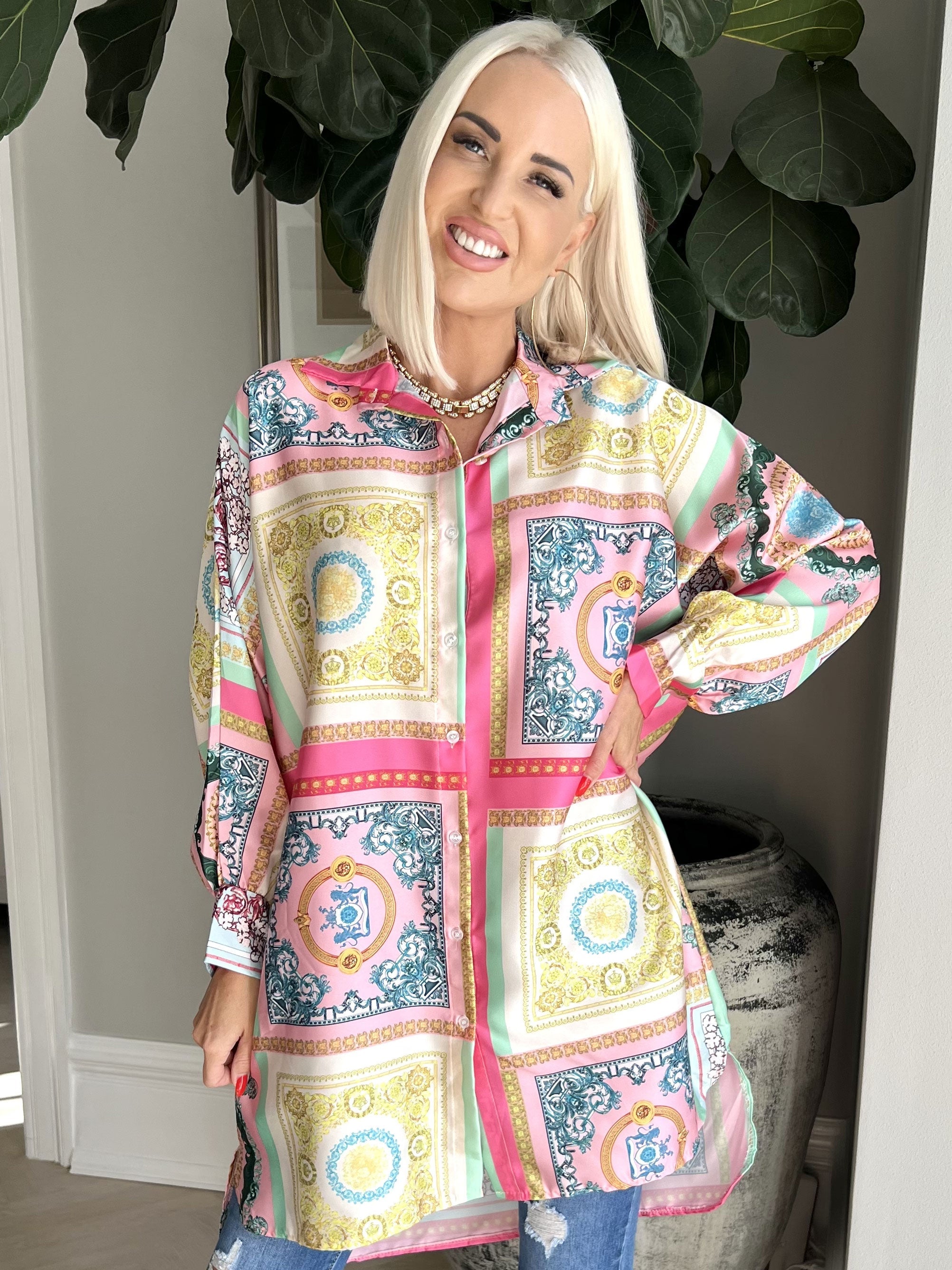 Donna - Färgglad mönstrad skjorta i silkeslook