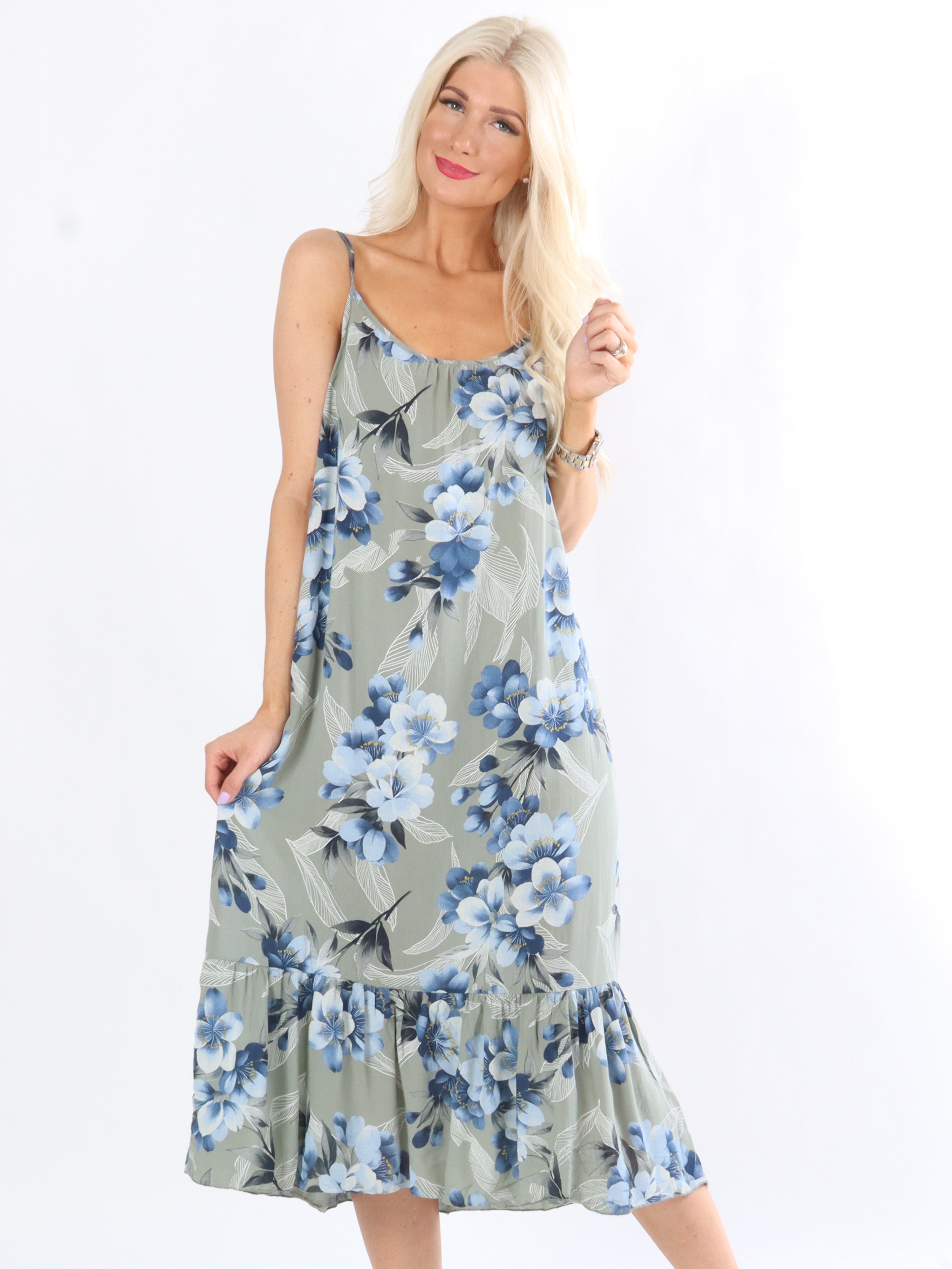 Eimy - Armégrön klänning med blommönster och tunna band