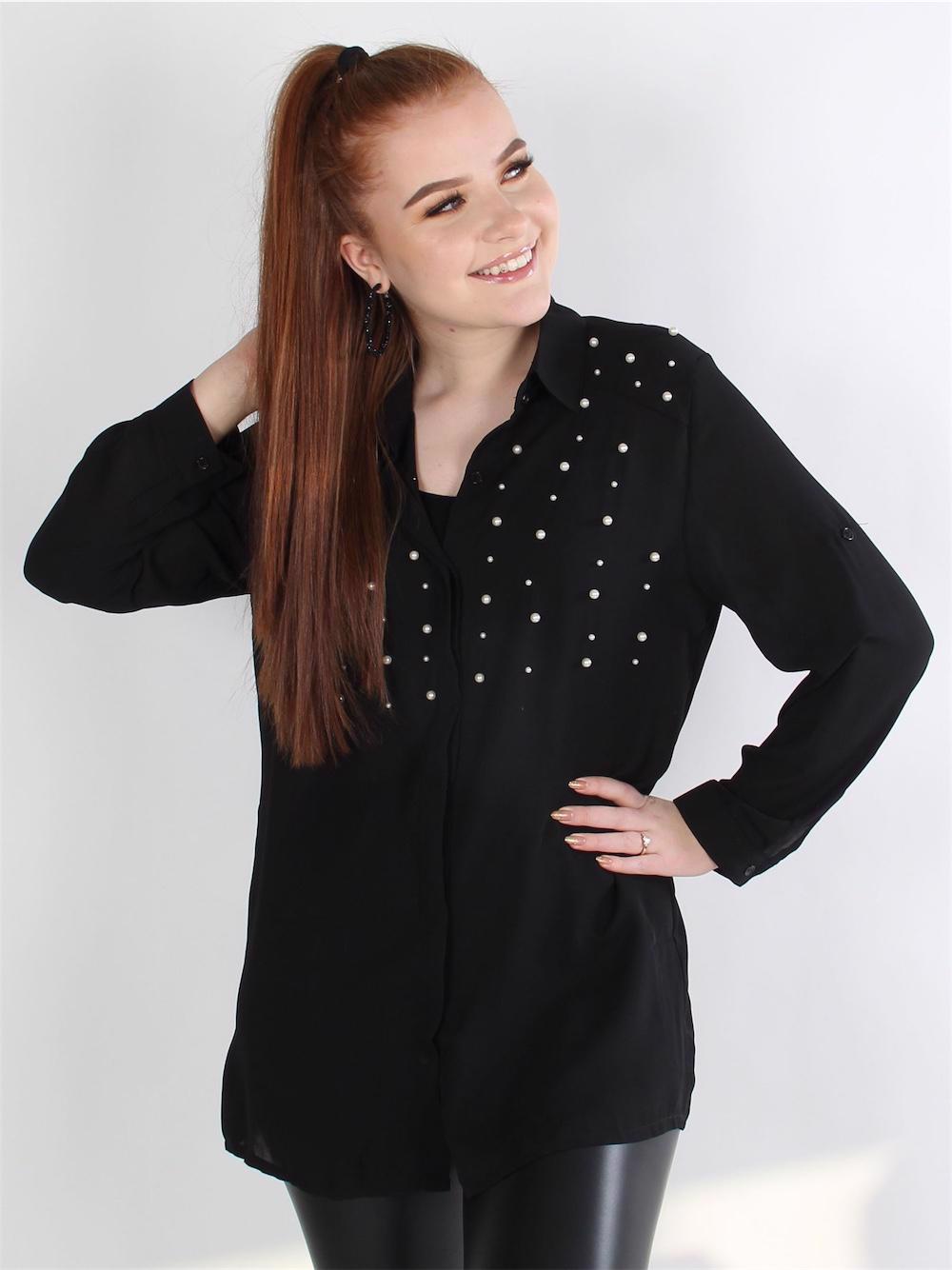 Elena - Svart chiffongskjorta med pärlor
