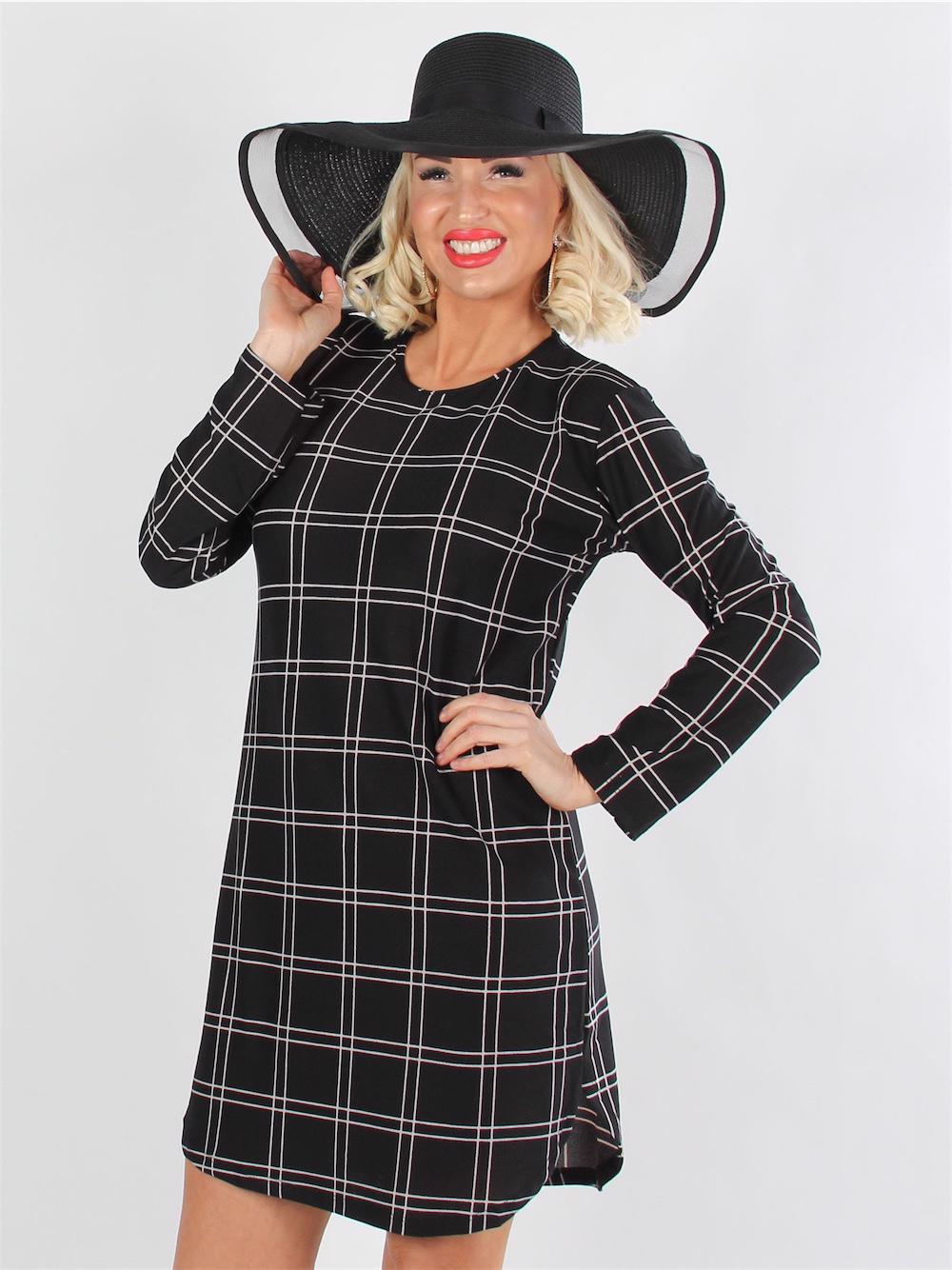 Elena - Svart rutig klänning med långa ärmar