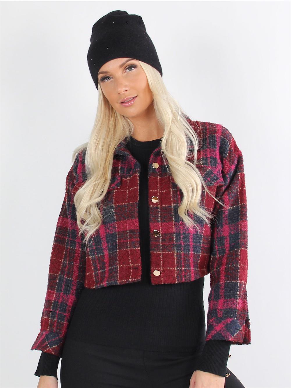 Elin - Bordeauxröd rutig jacka med guldknappar i cropped look
