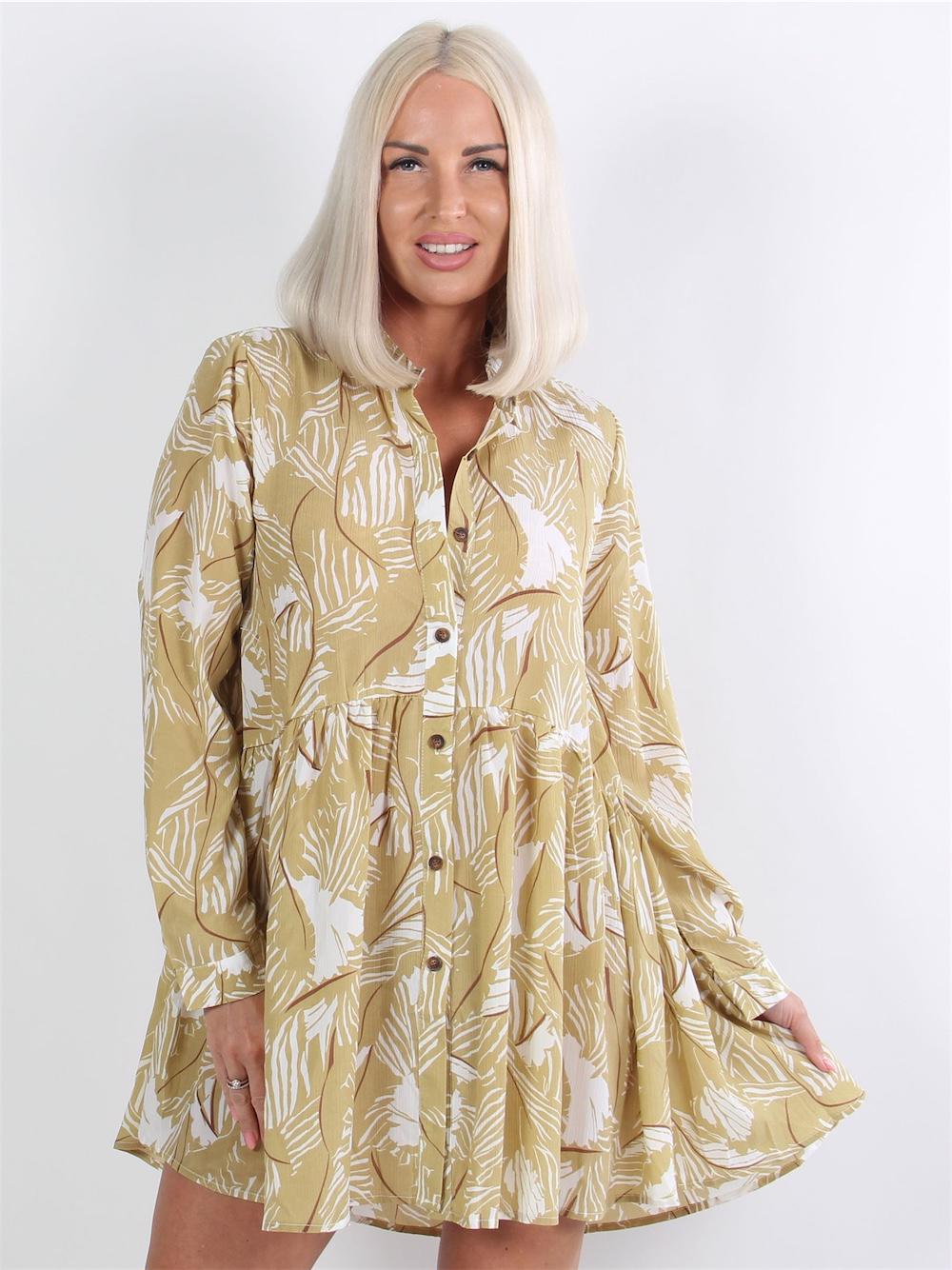 Ema - Armégrön skjortklänning med vitt palmbladsmönster