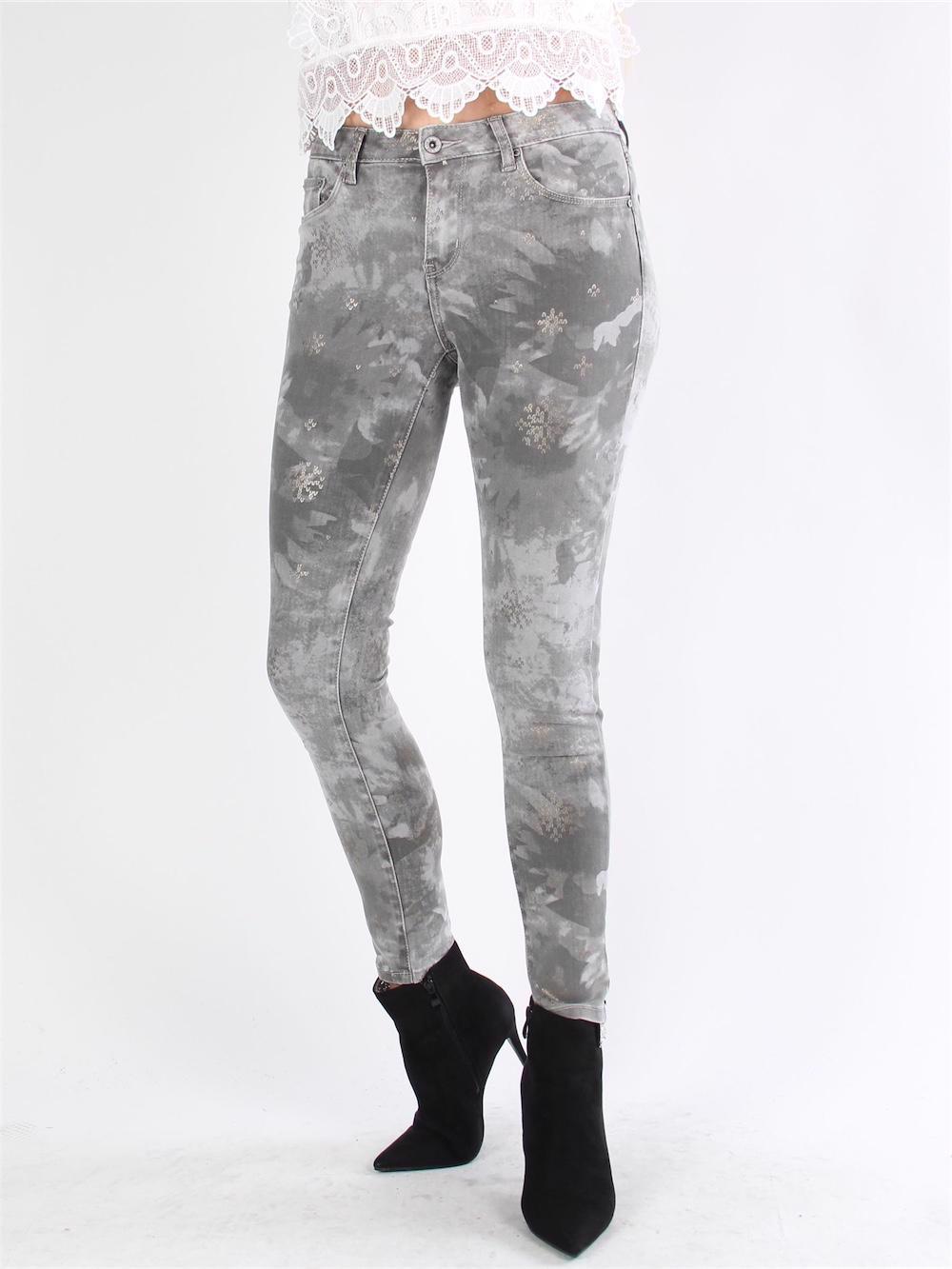 Emina - Grå skinny jeans med mönster och silverdetaljer