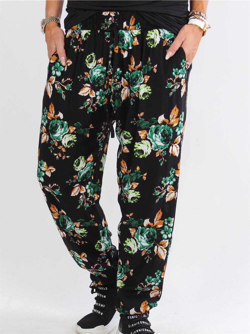 Angel - Svarta lösa byxor med blå och rosa blommor