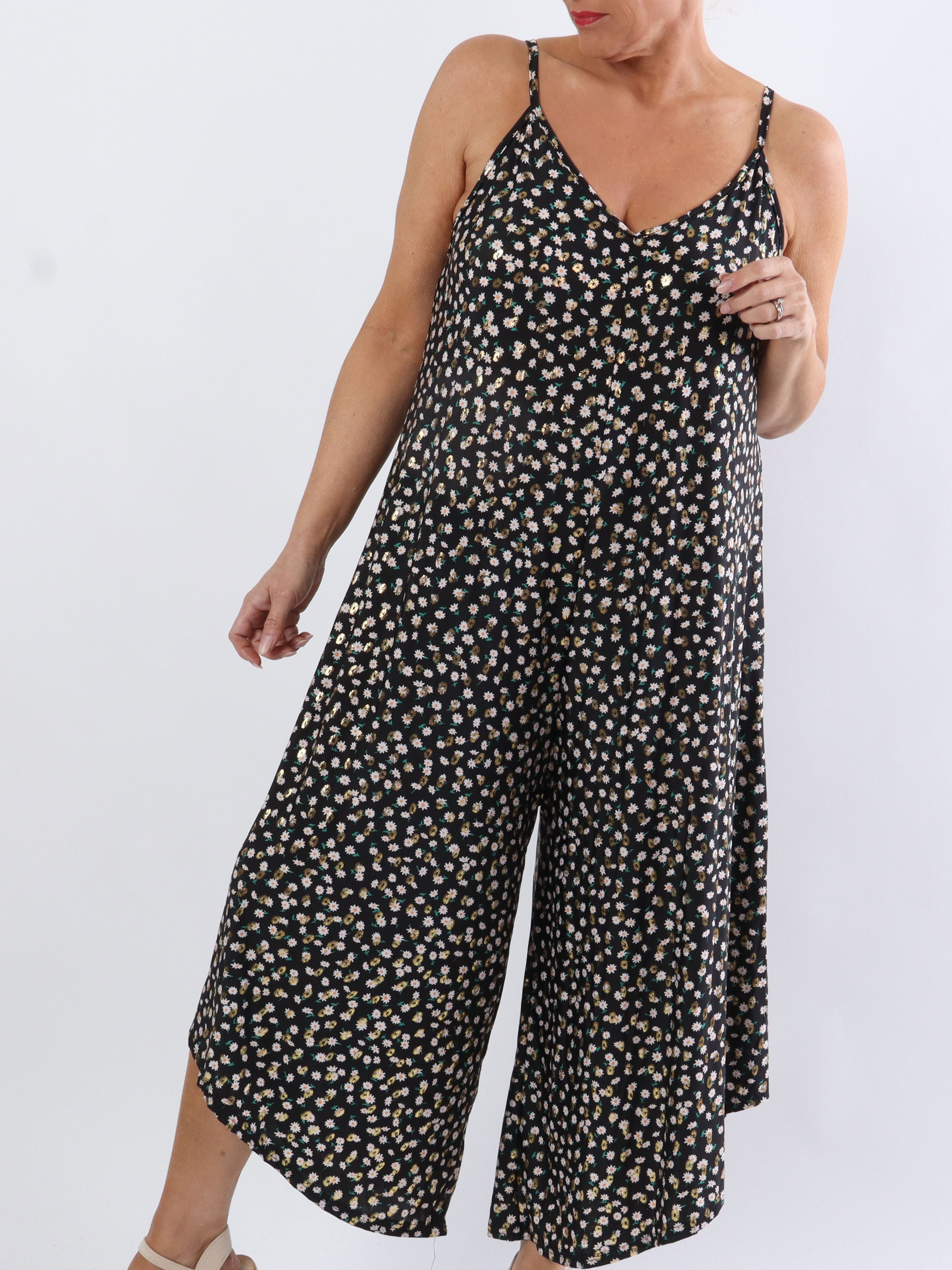 Felicia flower - Plus size byxdräkt med vida ben i stretchigt tyg