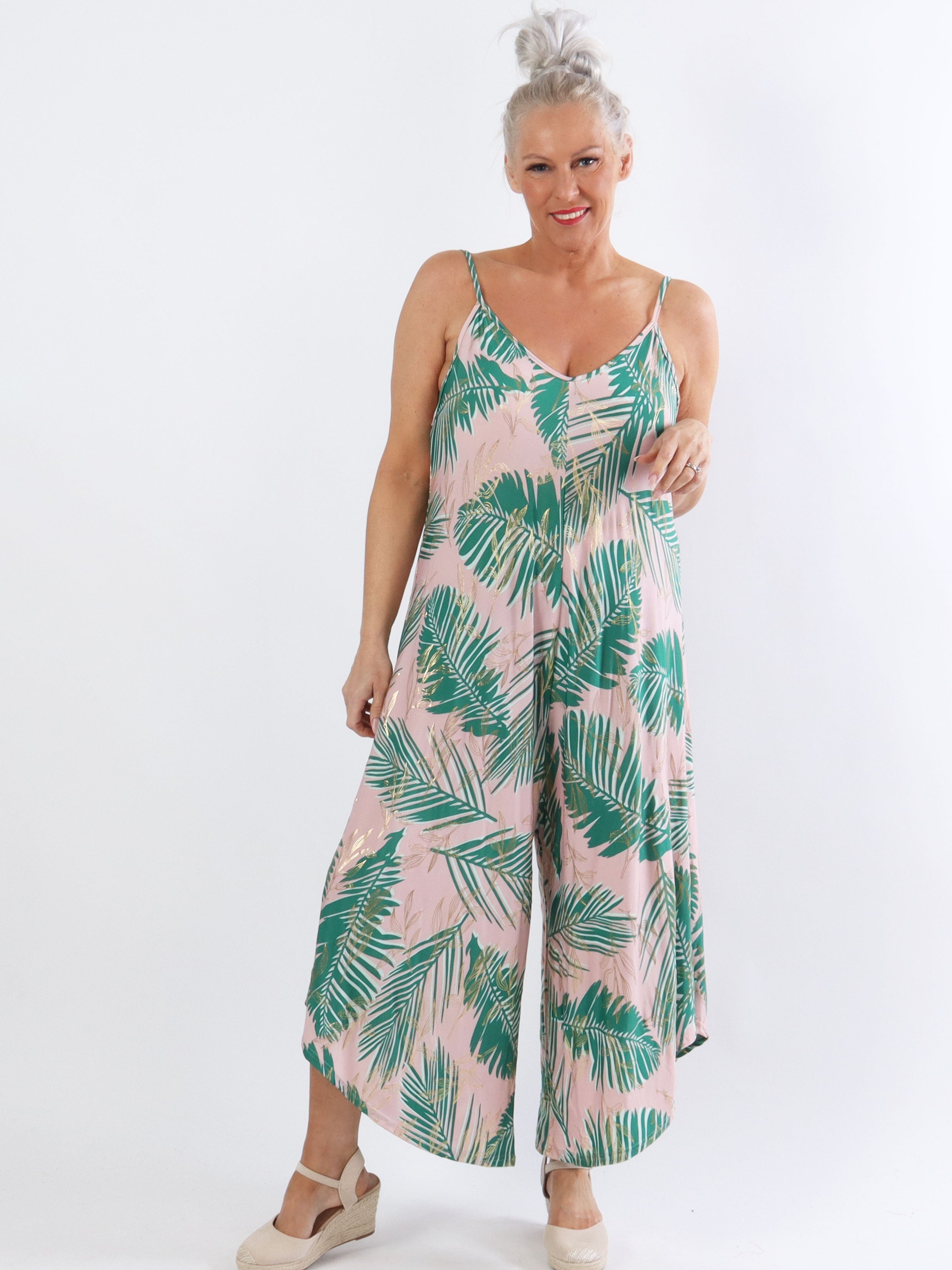 Felicia palm - Plus size byxdräkt med vida ben i stretchigt tyg - Turquoise