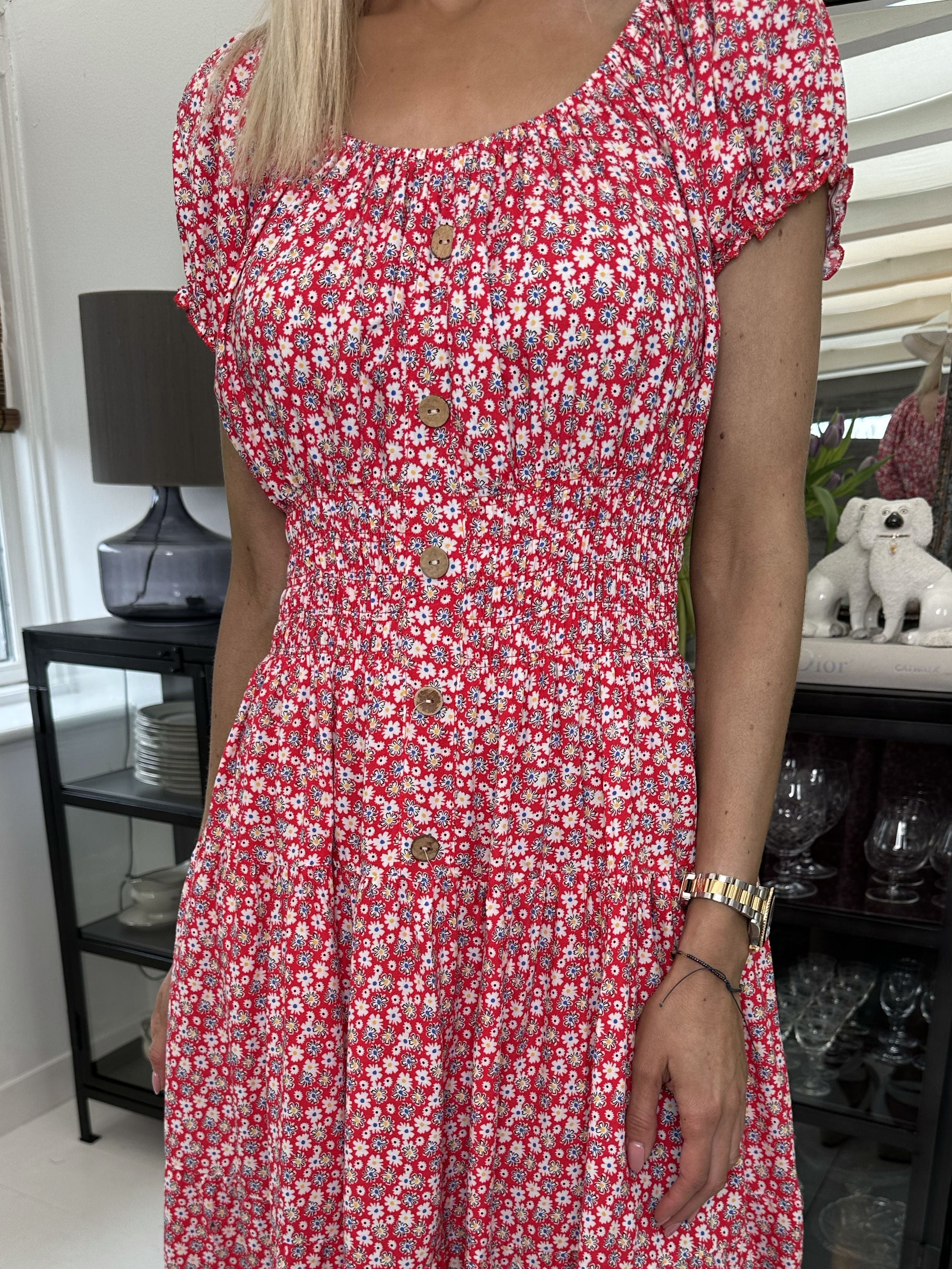 Finalia flower short - Söt liten blommig klänning med puffärmar och resår i midjan