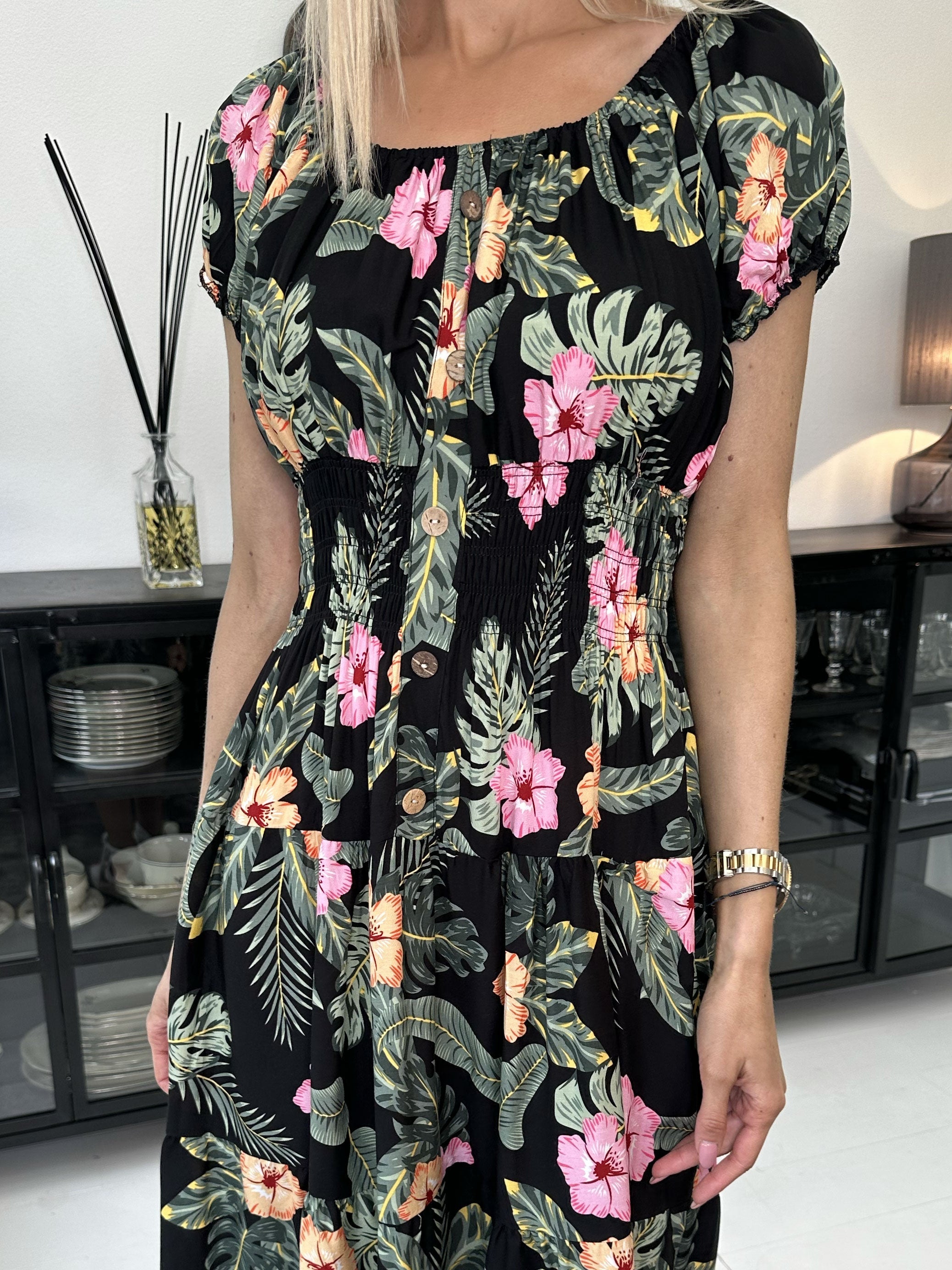 Finalia hawaii short - Söt klänning med hawaii blommor och elastisk midja