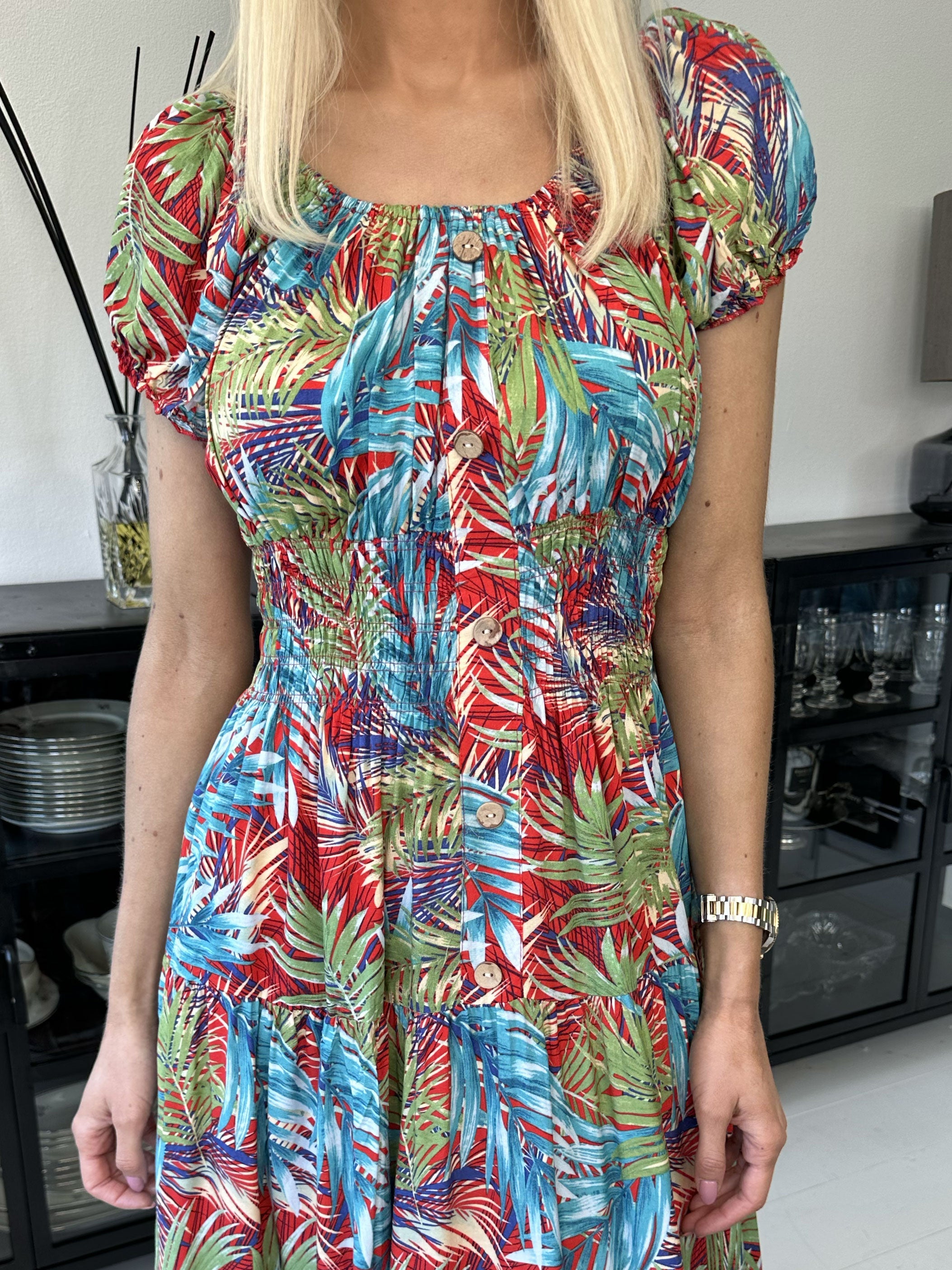 Finalia palm - Lång klänning med smock och palmmotiv