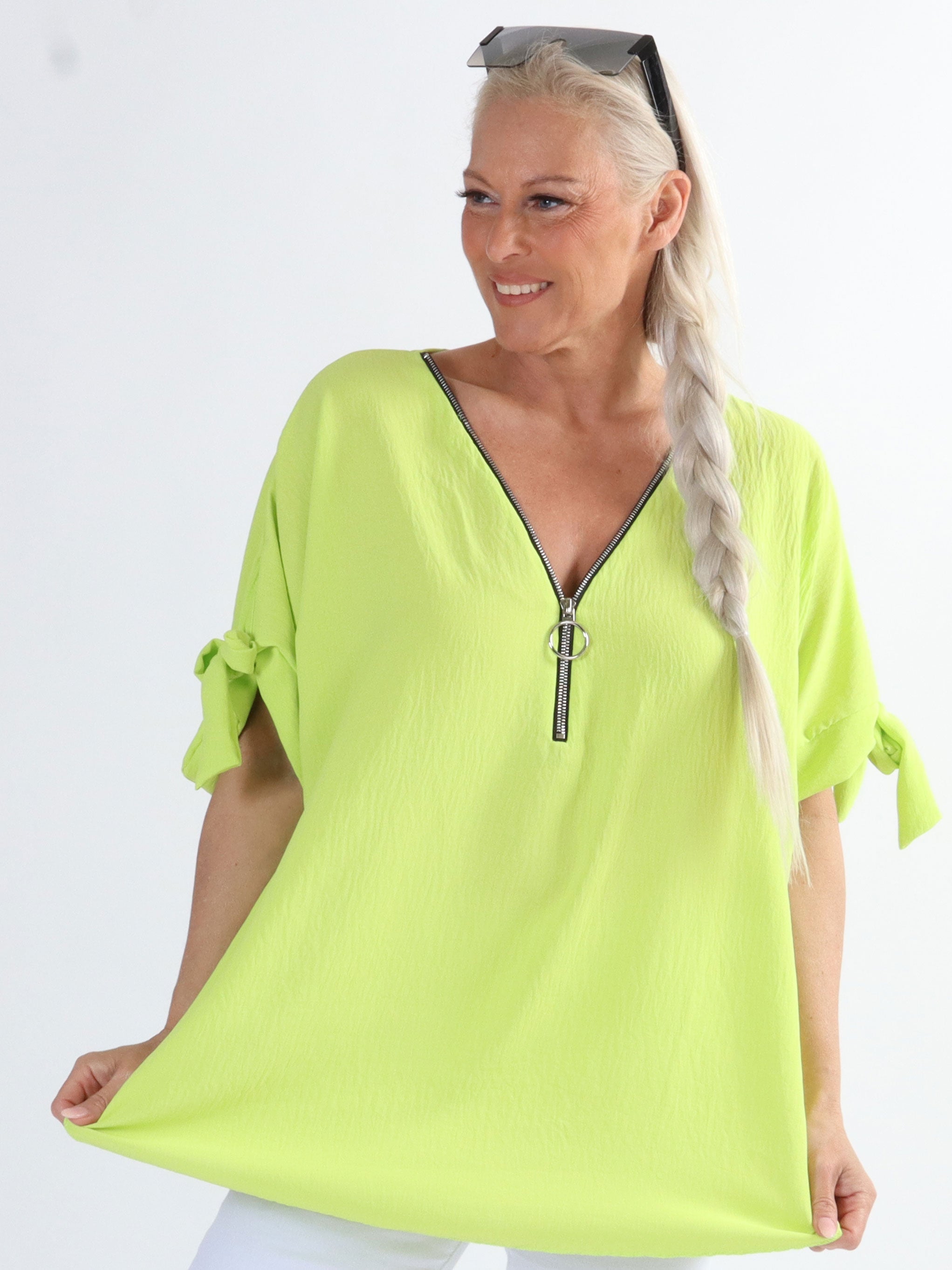 Frankie - Plus size tunika med dragkedja och öglade ärmar - Lime green