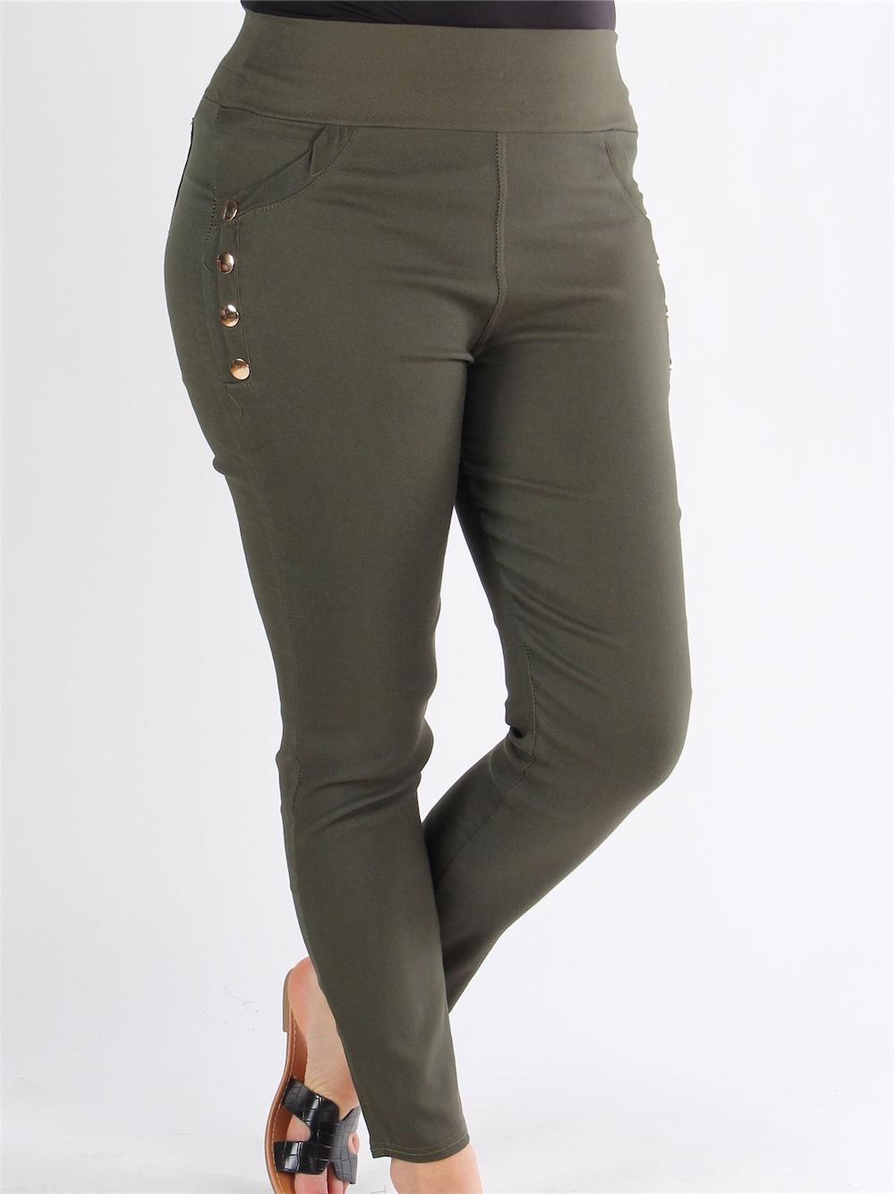 Gravity - Armégröna jeggings med dekorativa guldknappar