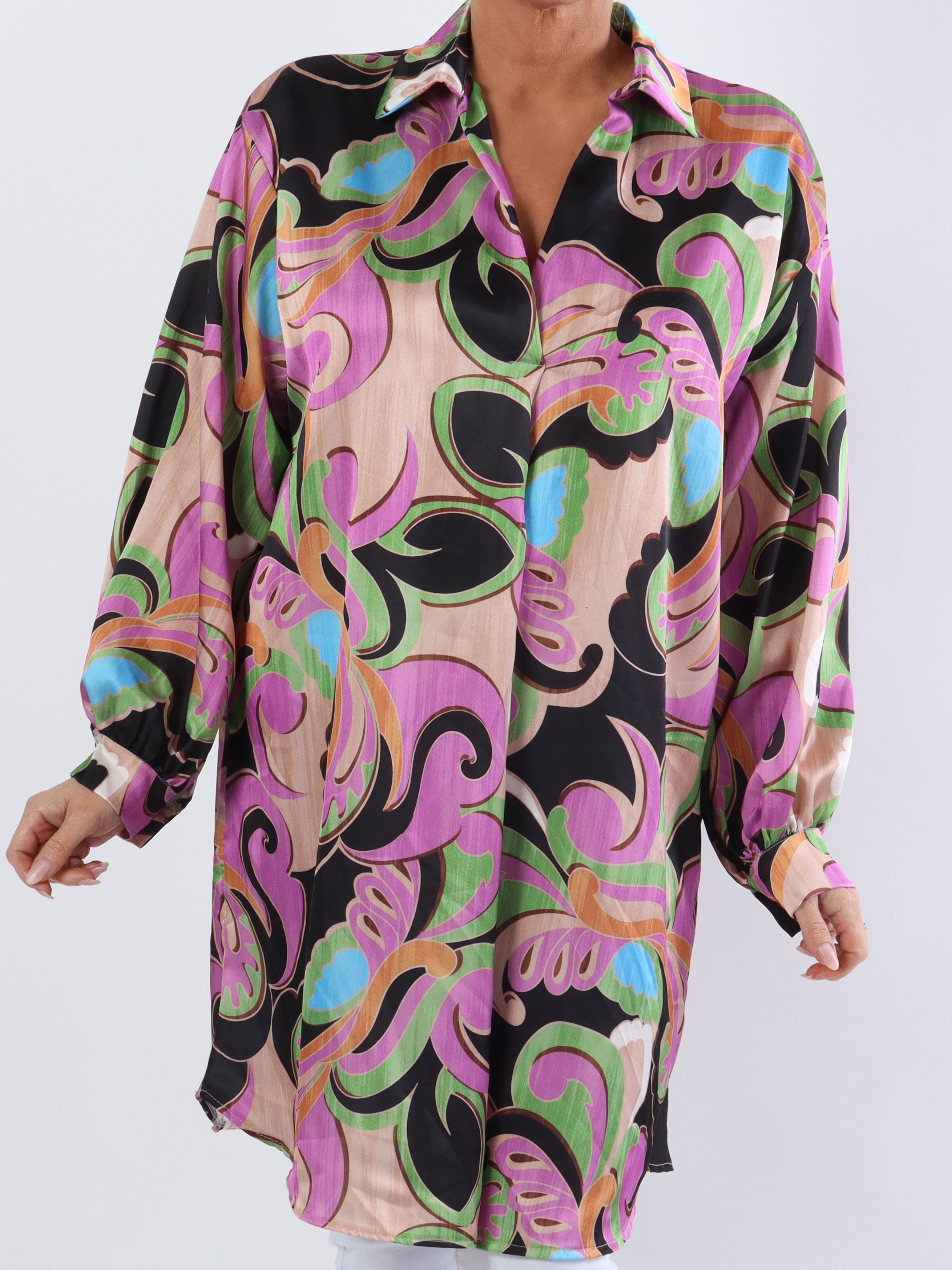 Happy Dress - Mångfärgad skjortklänning i sidenlook i stora storlekar