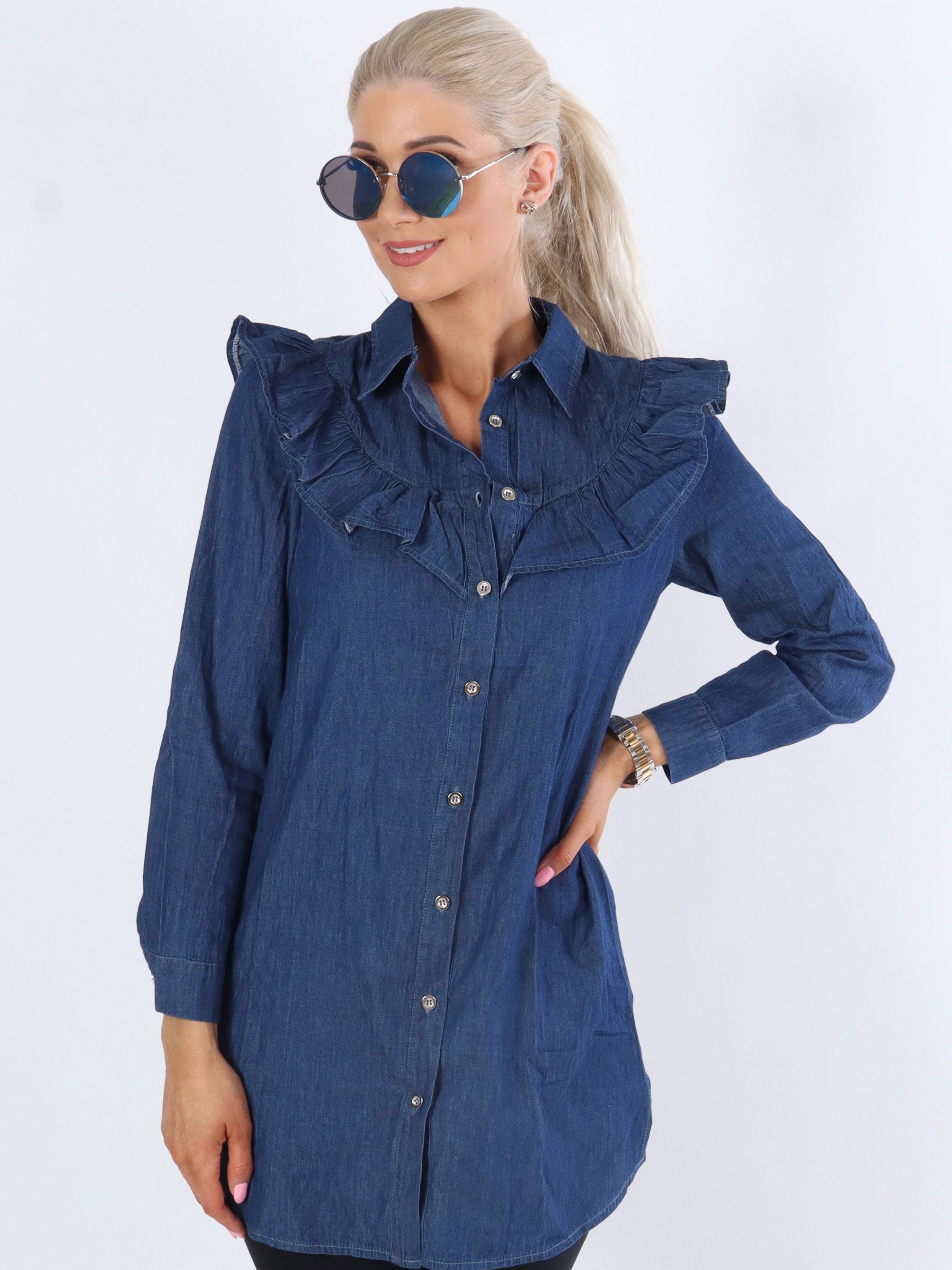 Cindy - Denimblå skjorta med söt volangkant
