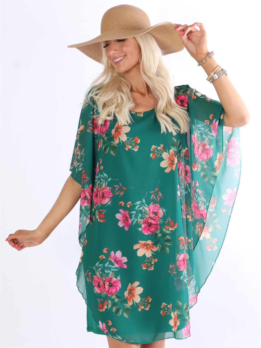 Kenya Flower - Tunikaklänning med chiffonglager i blommigt tryck