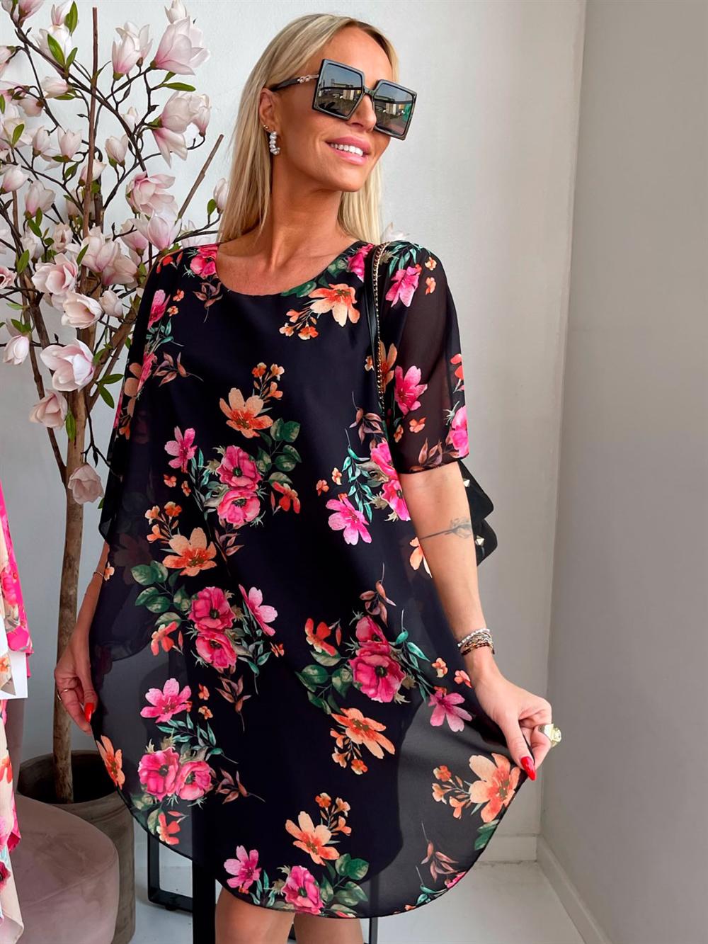 Kenya Flower - Tunikaklänning med chiffonglager i blommigt tryck