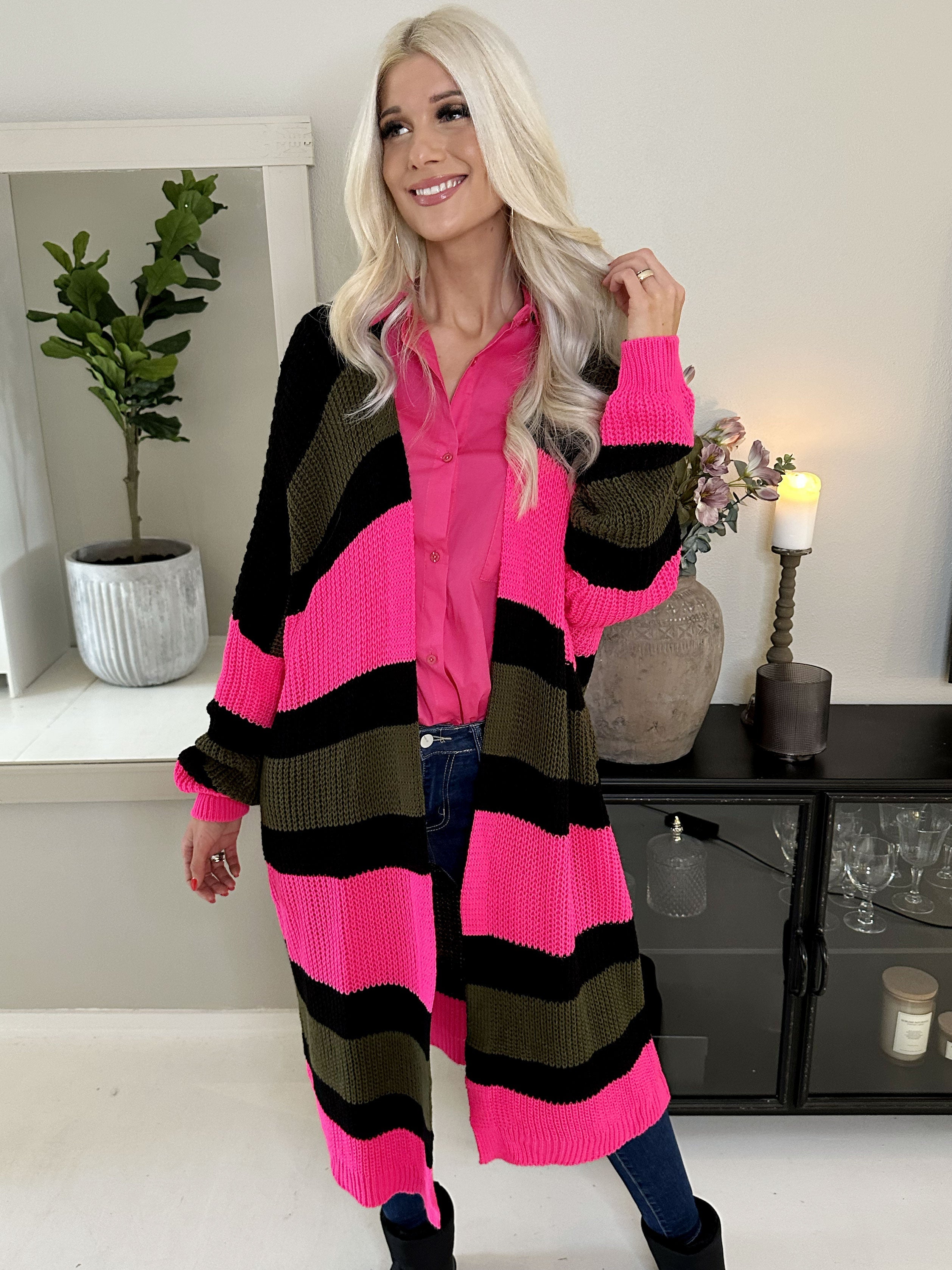 Fekla - Lång stickad kofta med flerfärgade ränder - Brown