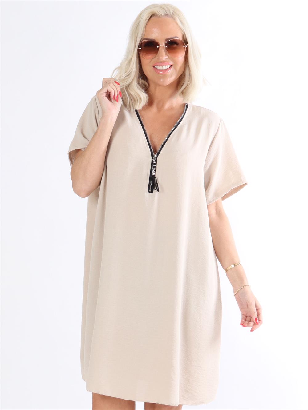 Acacie - Beige tunika klänning med dragkedja