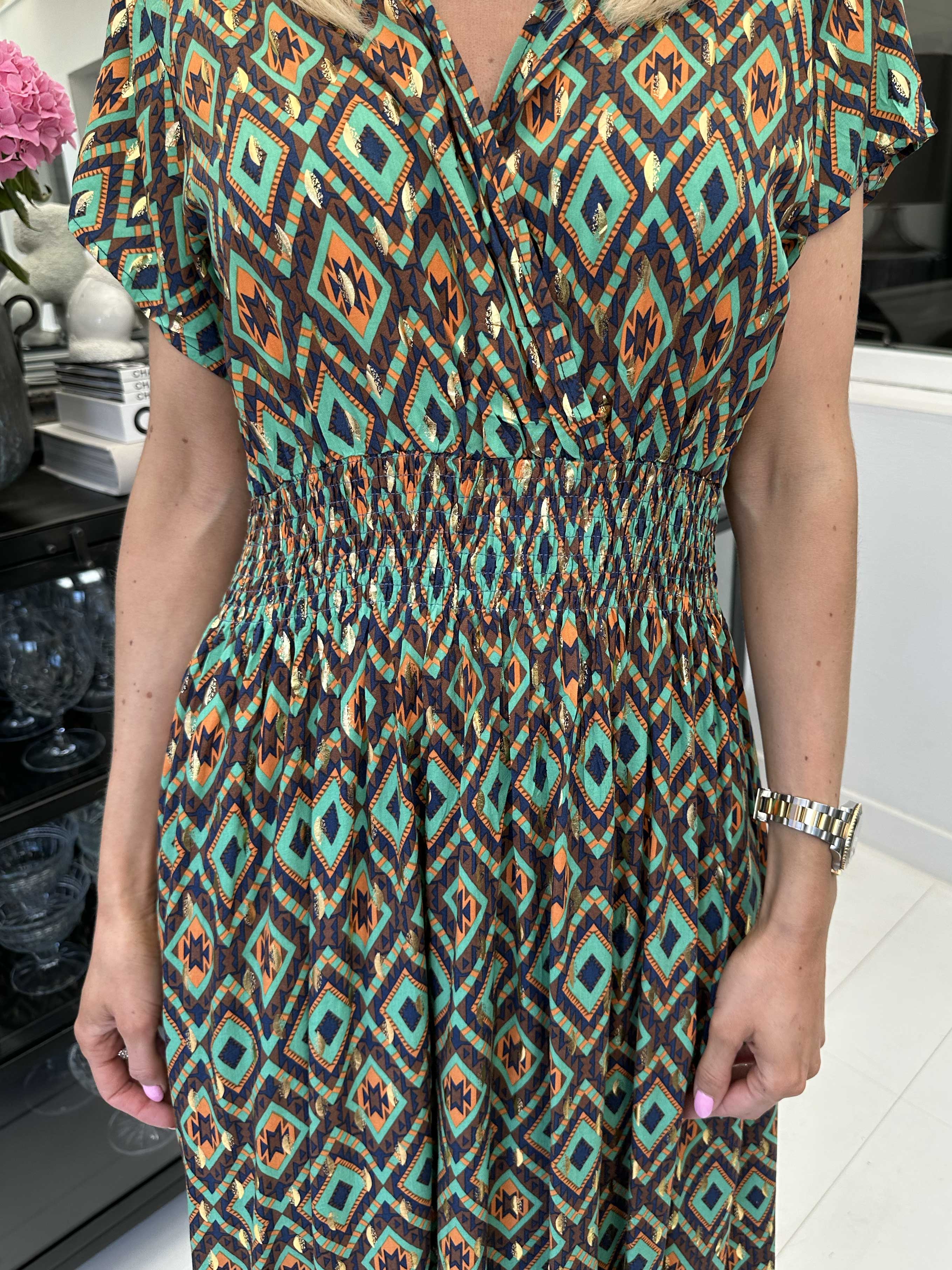 Misha Pattern - Söt lång mönstrad klänning med smock - Turquoise