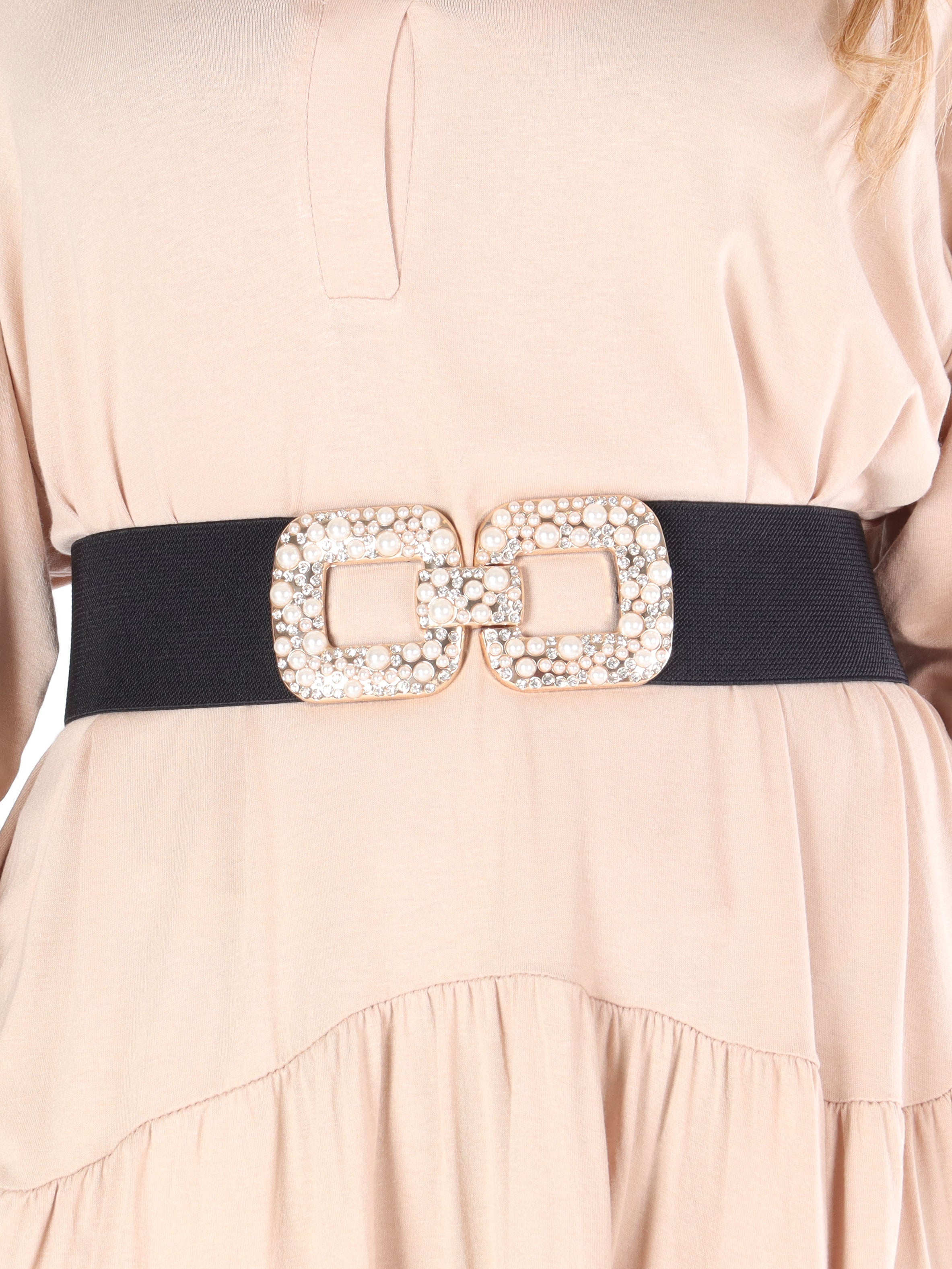Florence - Svart elastiskt midjebälte med guldspänne och pärlor