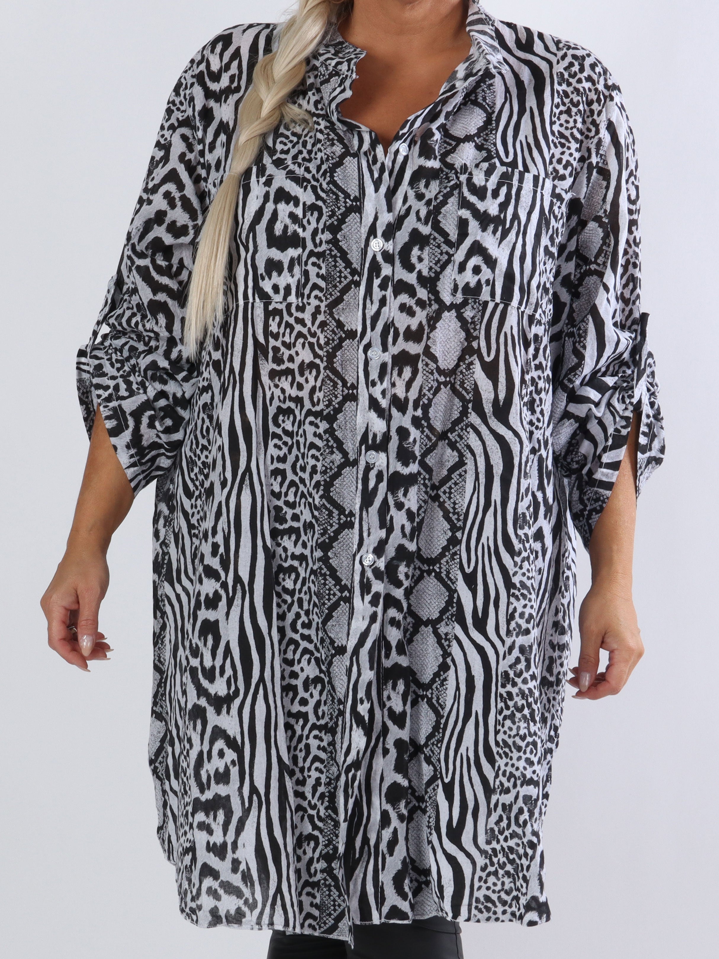 Berna Animal - Plus size skjorta i blandat djurtryck med fickor