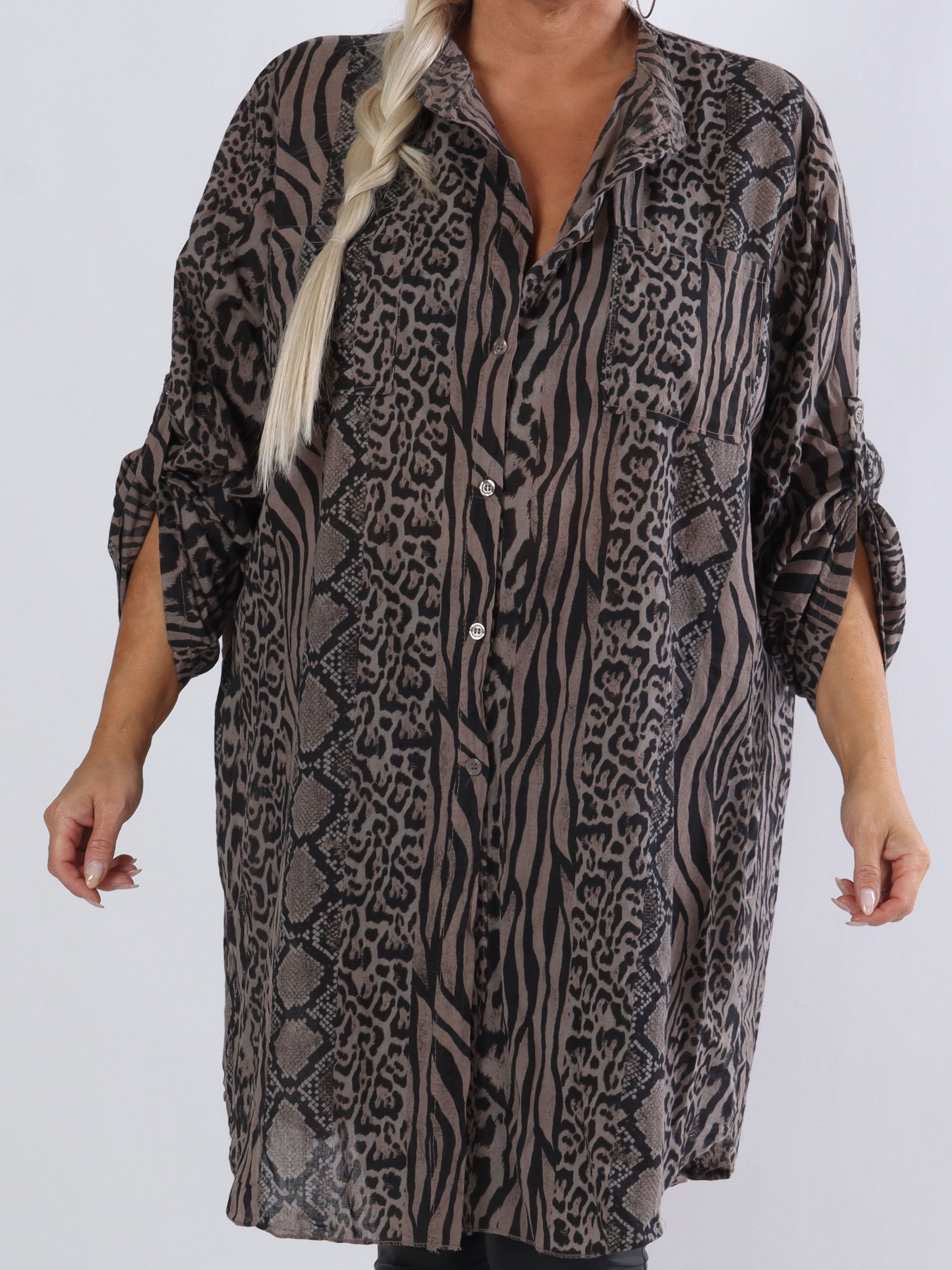 Berna Animal - Plus size skjorta i blandat djurtryck med fickor