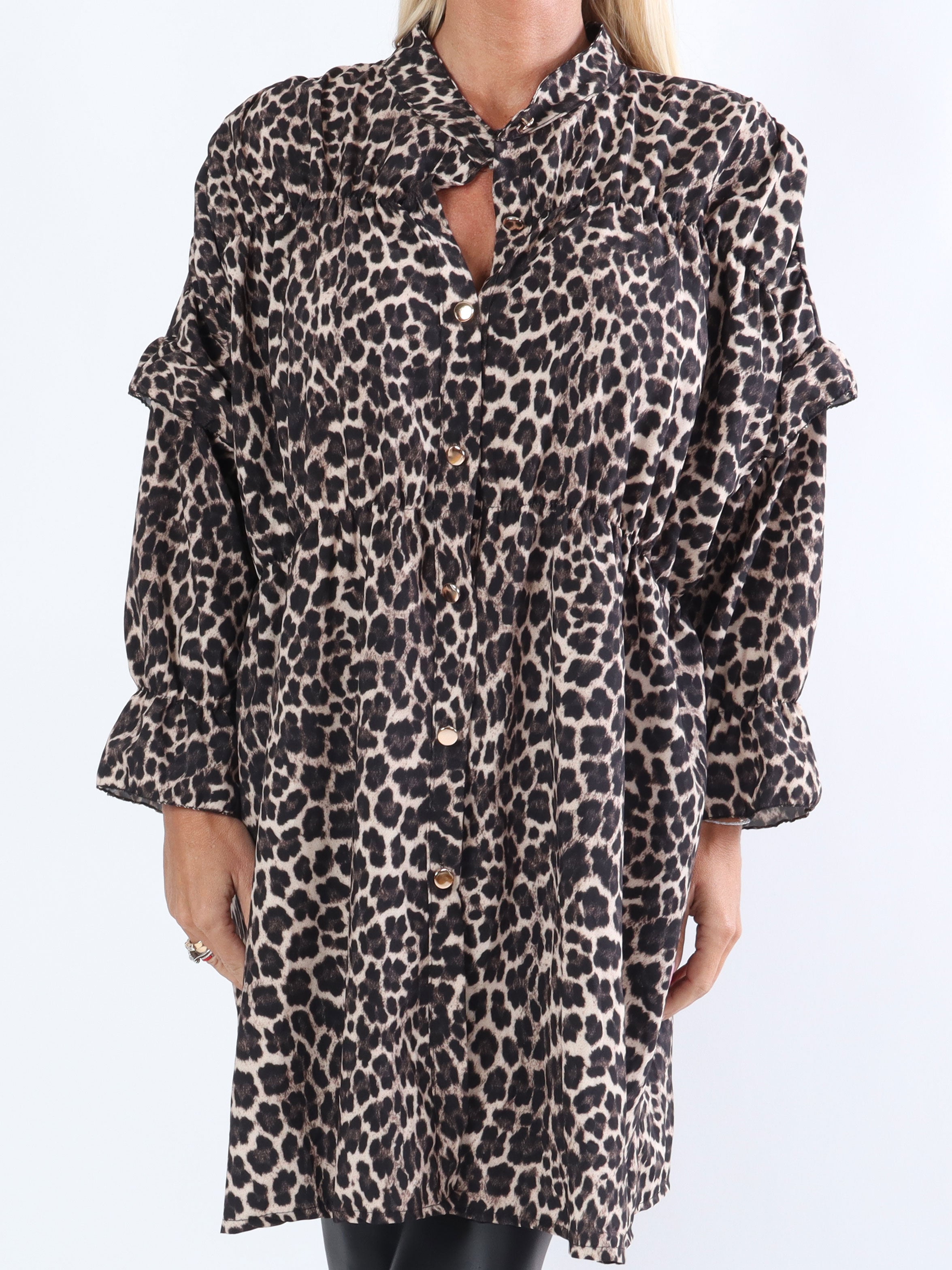 Monica Animal - Tunica-klänning i djurtryck med volanger