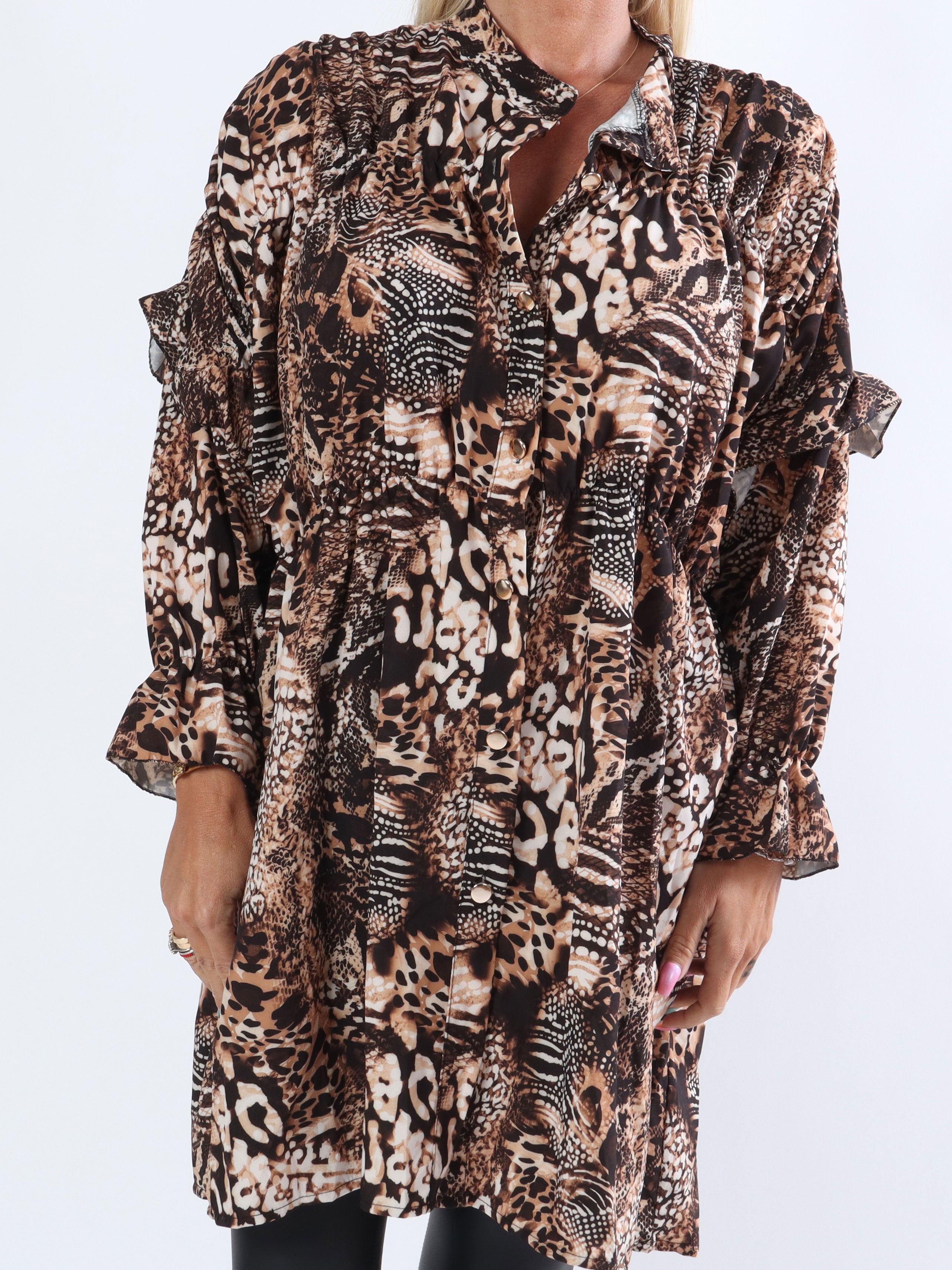 Monica Animal - Tunica-klänning i djurtryck med volanger