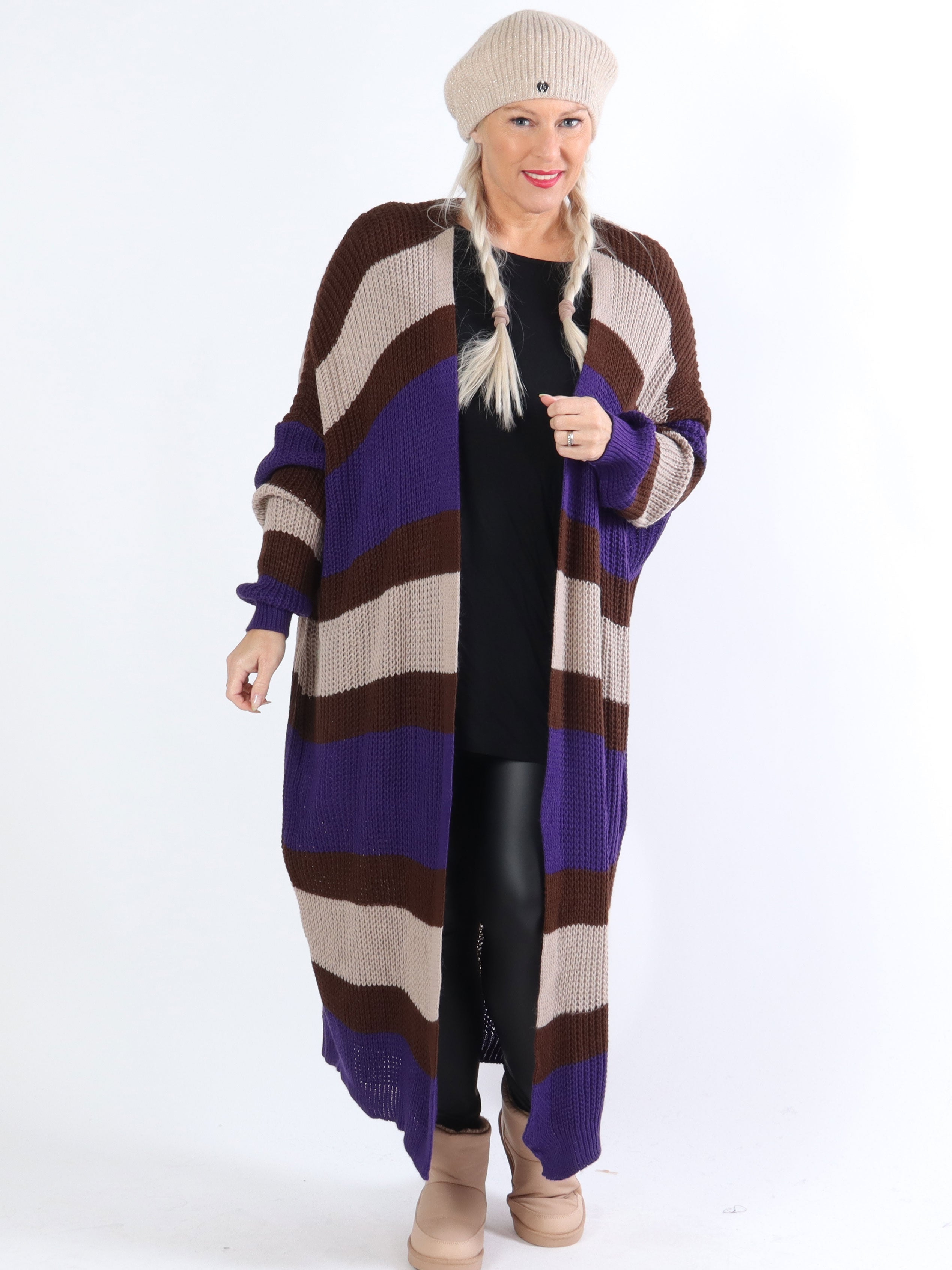 Fekla - Lång plus size stickad kofta med ränder