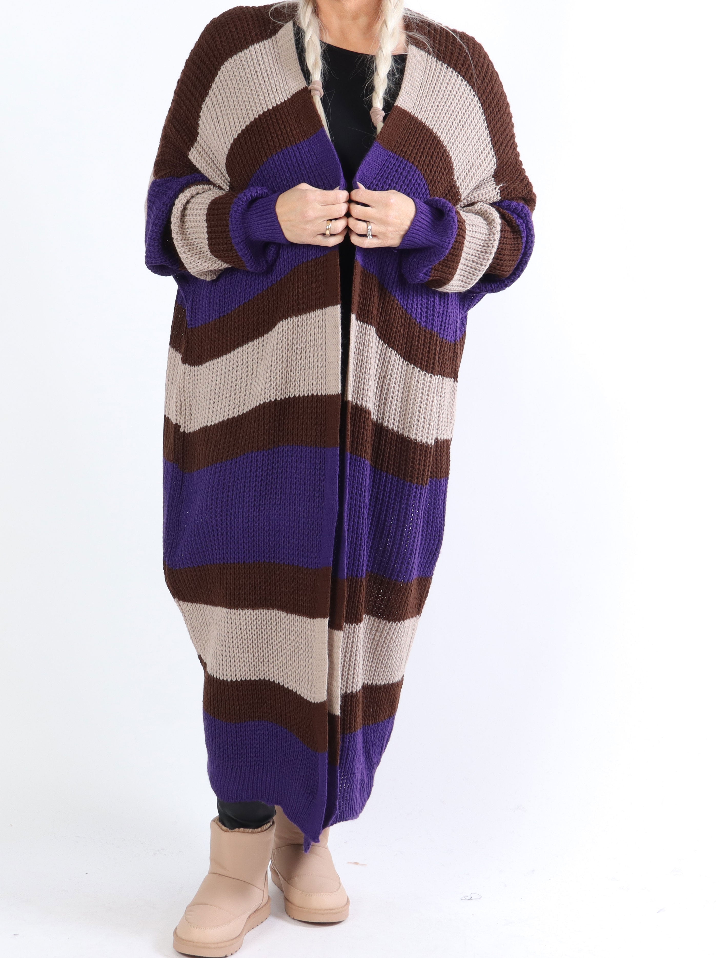 Fekla - Lång plus size stickad kofta med ränder