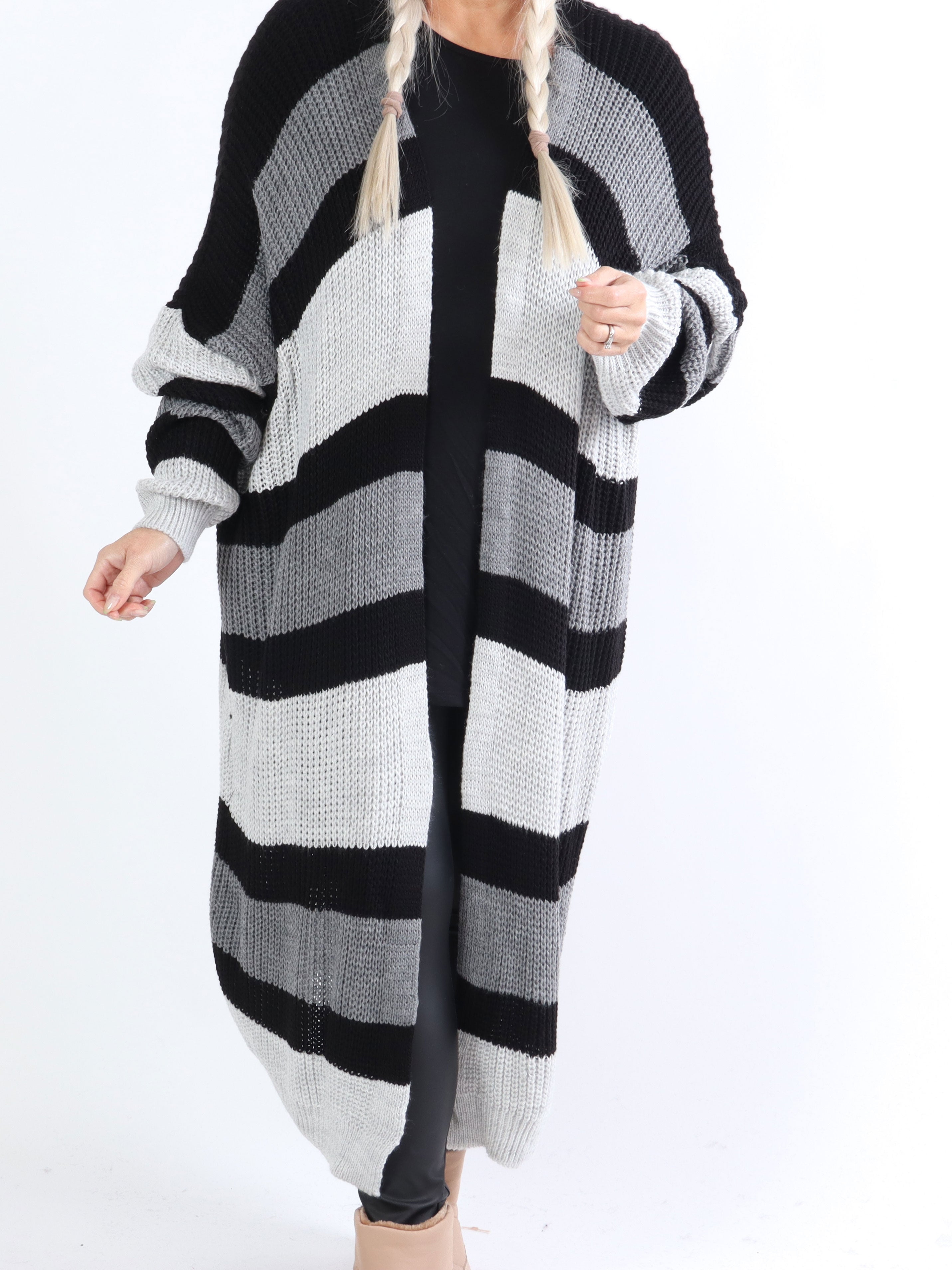 Fekla - Lång plus size stickad kofta med ränder - Brown