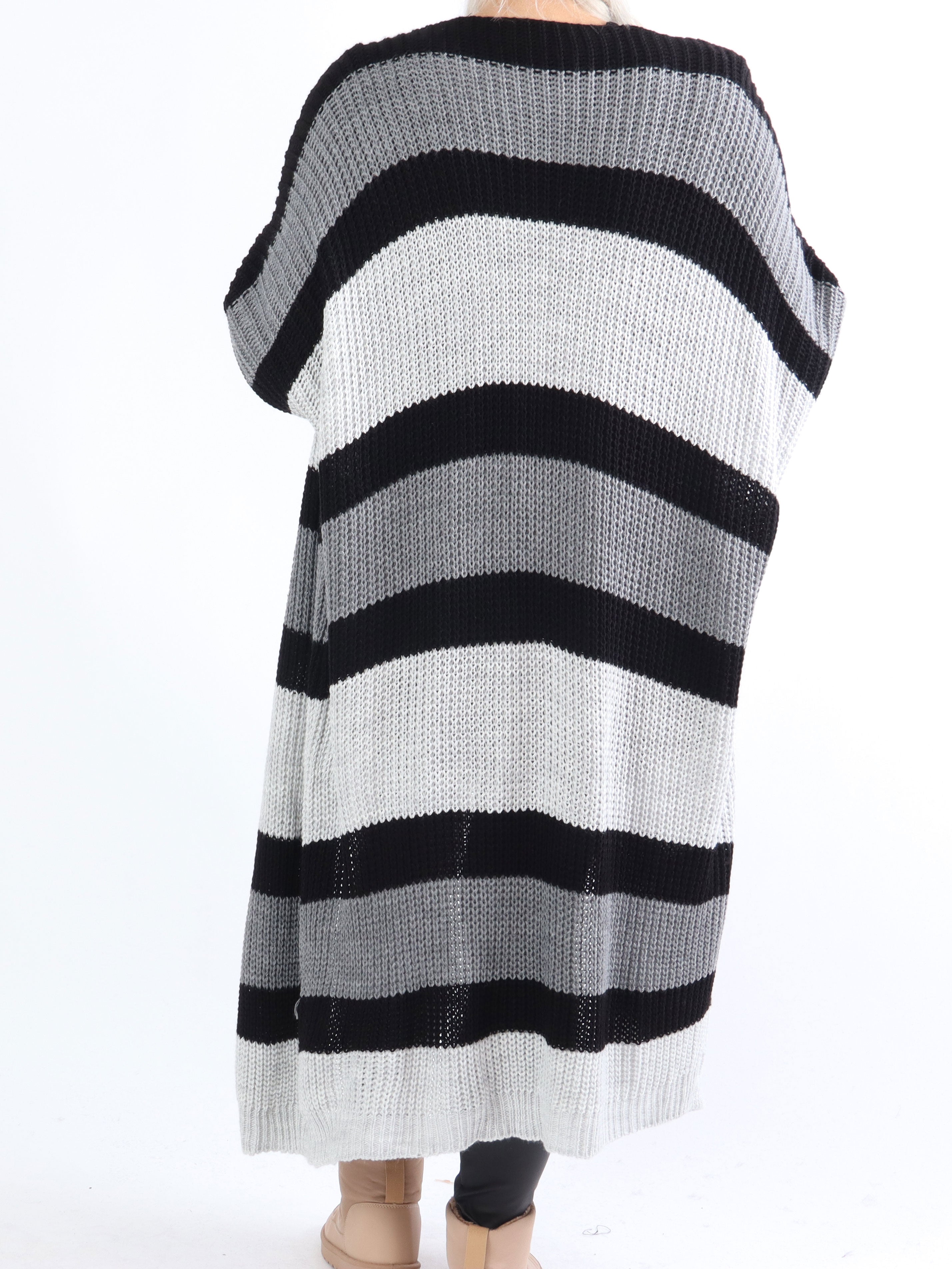 Fekla - Lång plus size stickad kofta med ränder - Army