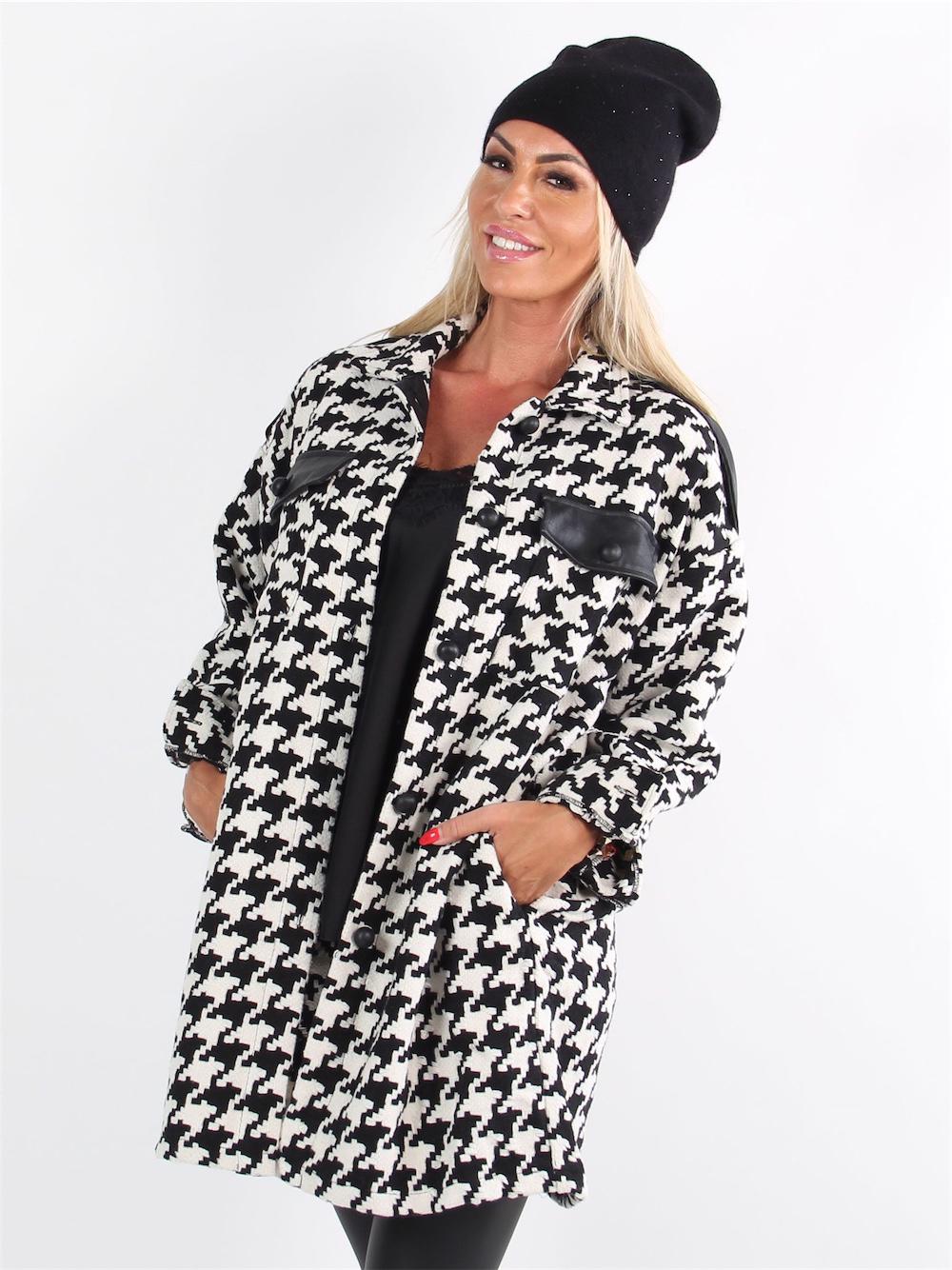 Mimi - Beige och svart rutig jacka med läderdetaljer