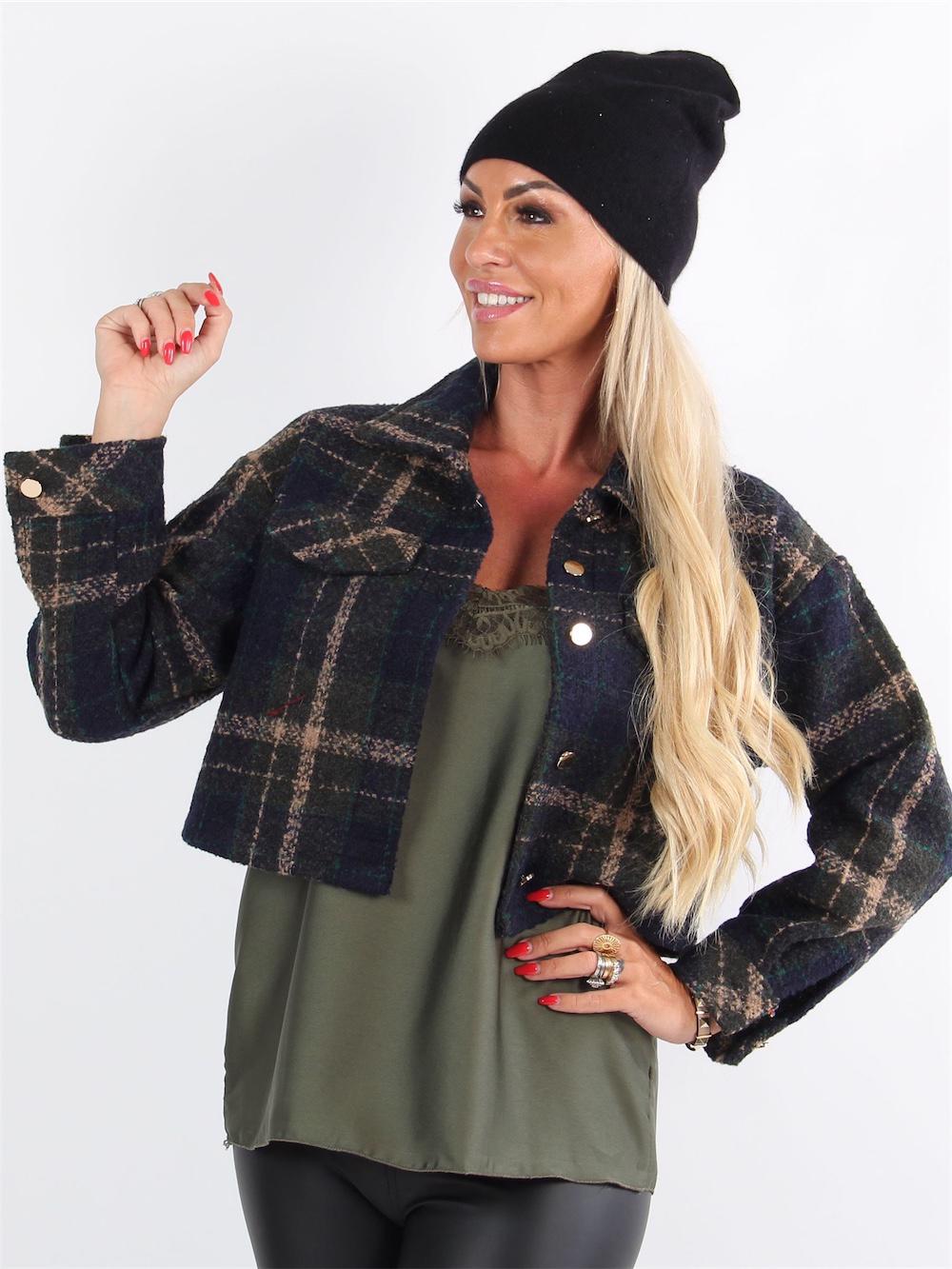 Elin - Bordeauxröd rutig jacka med guldknappar i cropped look