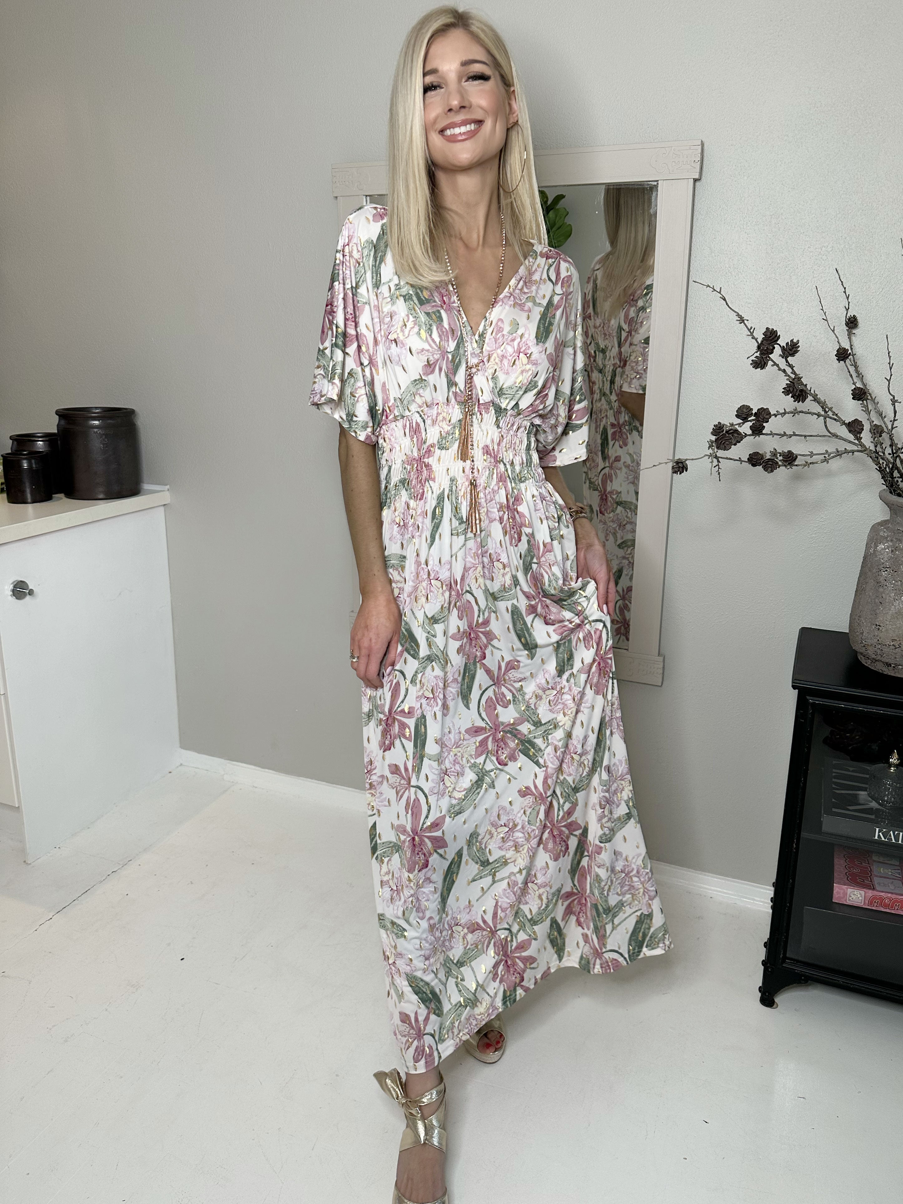 Pams Flower - Lång elastisk klänning i skrynkelfritt tyg