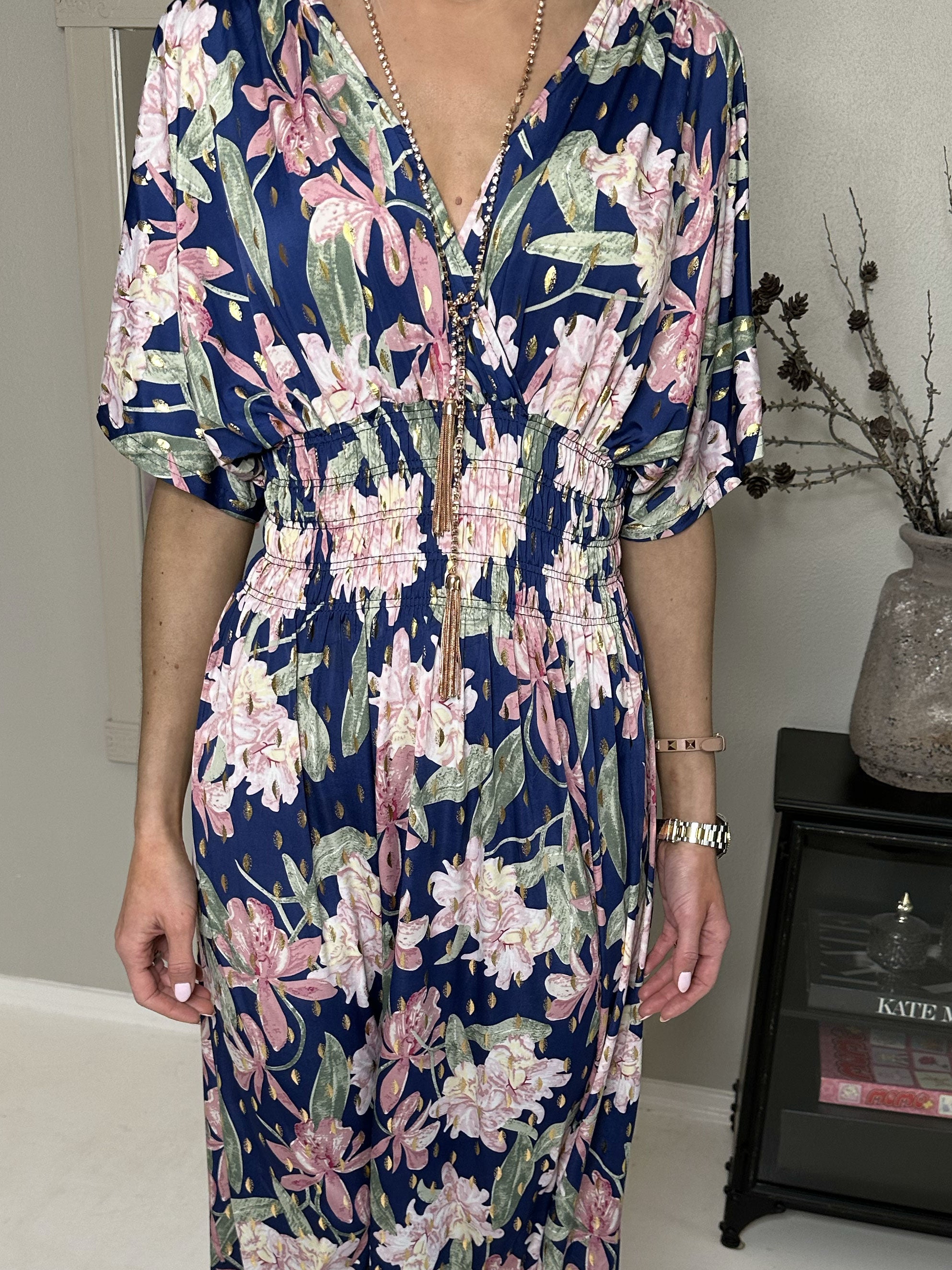 Pams Flower - Lång elastisk klänning i skrynkelfritt tyg